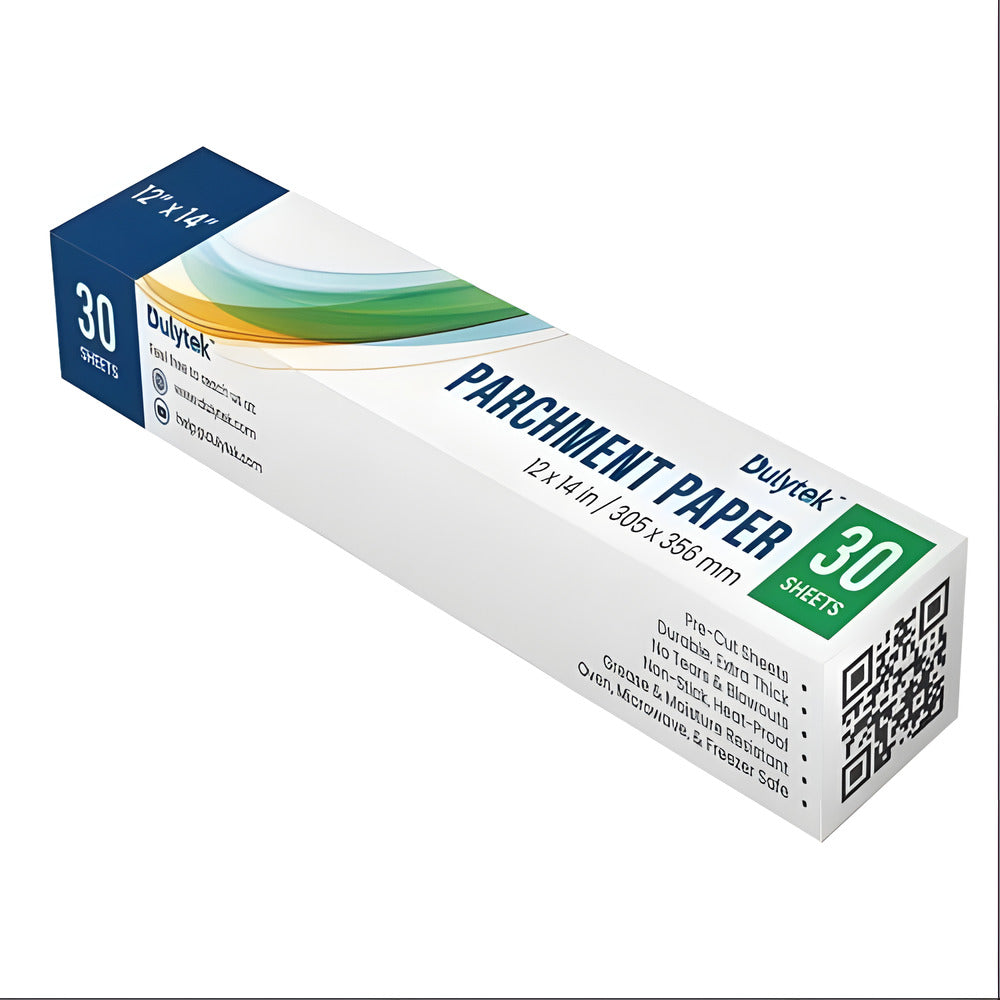 Dulytek 30-sheet, 12x14 inch pre-cut parchment paper box with QR code.