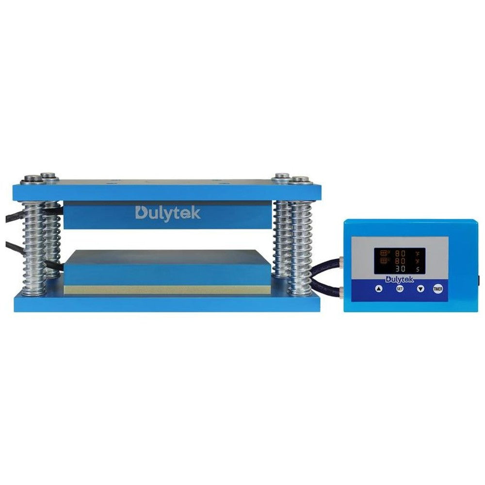 Blue Dulytek rosin press with digital temperature and timer controls.