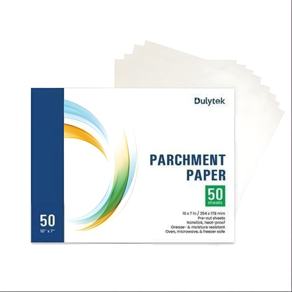 Dulytek 50 sheet pack of 10x7 inch pre-cut parchment paper for baking.