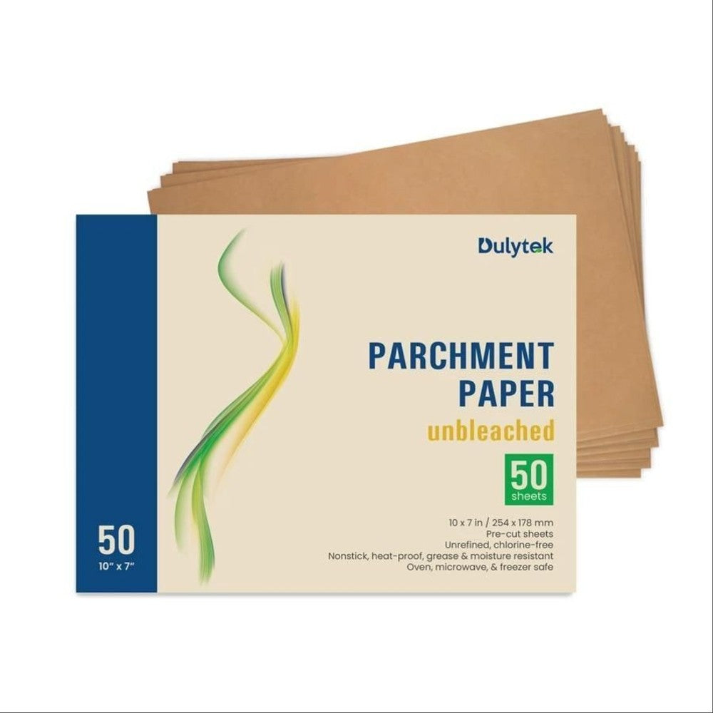 Dulytek unbleached parchment paper 50 sheets, 10" x 7", pre-cut, nonstick, oven safe.