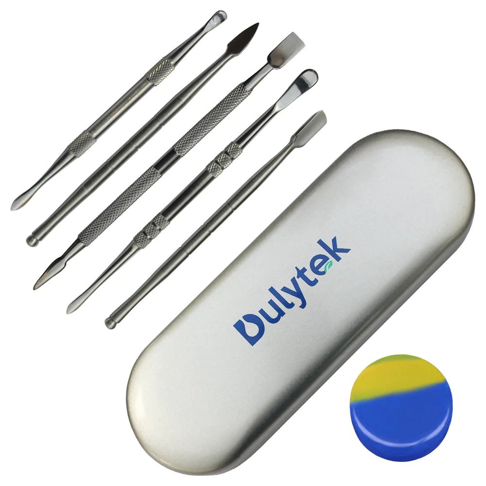 Dulytek 6-piece rosin wax tool set with silver case and yellow/blue cap.