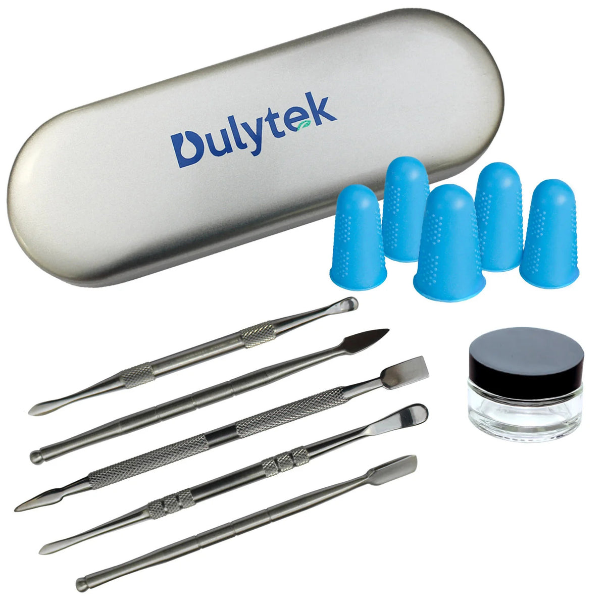 Dulytek 7-piece rosin wax tool kit with case, finger cots, dab tools, and glass jar.