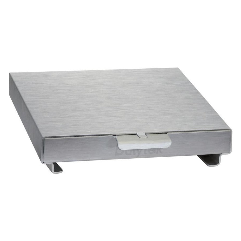 Brushed metal Dulytek cooling plate with white latch, on white background.