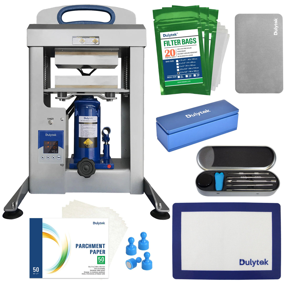 Dulytek DHP20 rosin press kit with filter bags, parchment paper, dab tools, and silicone mat.