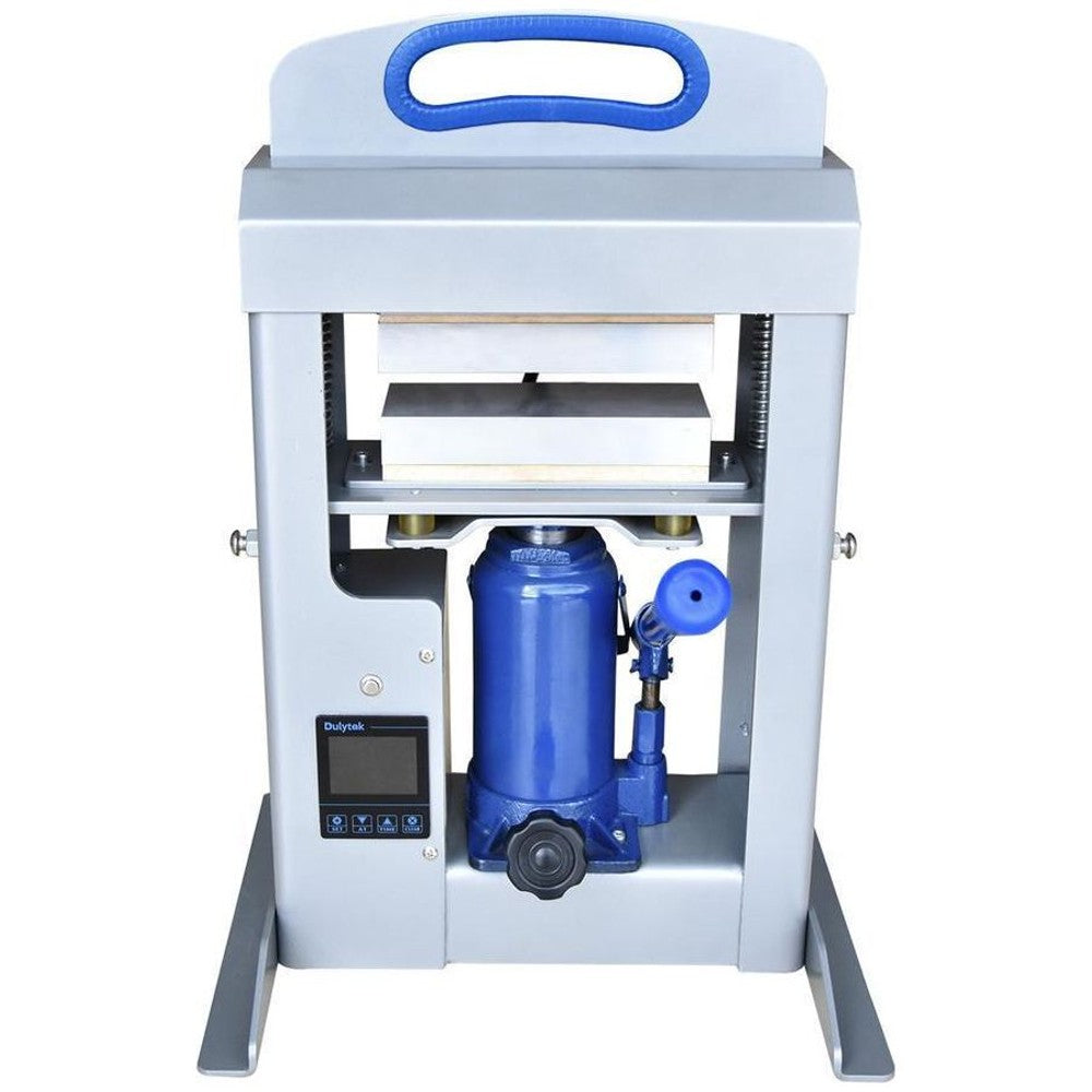 A Dulytek DHP20 20-ton rosin press with a blue hydraulic jack and digital control panel.