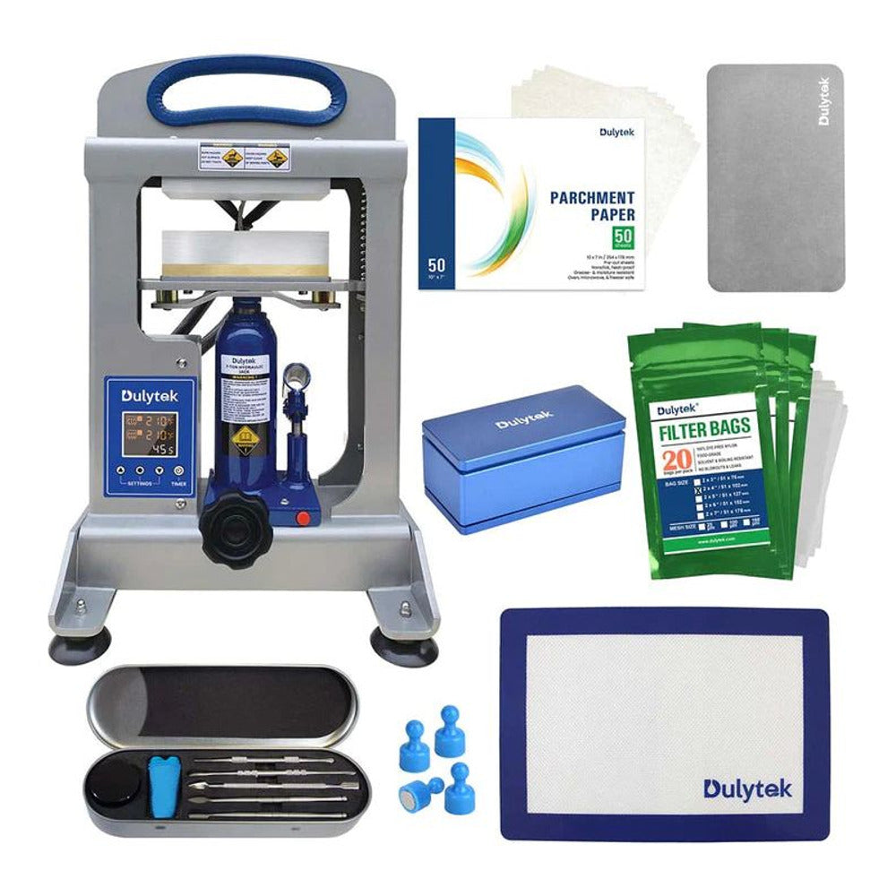 Dulytek 7-ton hydraulic rosin press bundle with parchment paper, filter bags, dab tools, and mat.