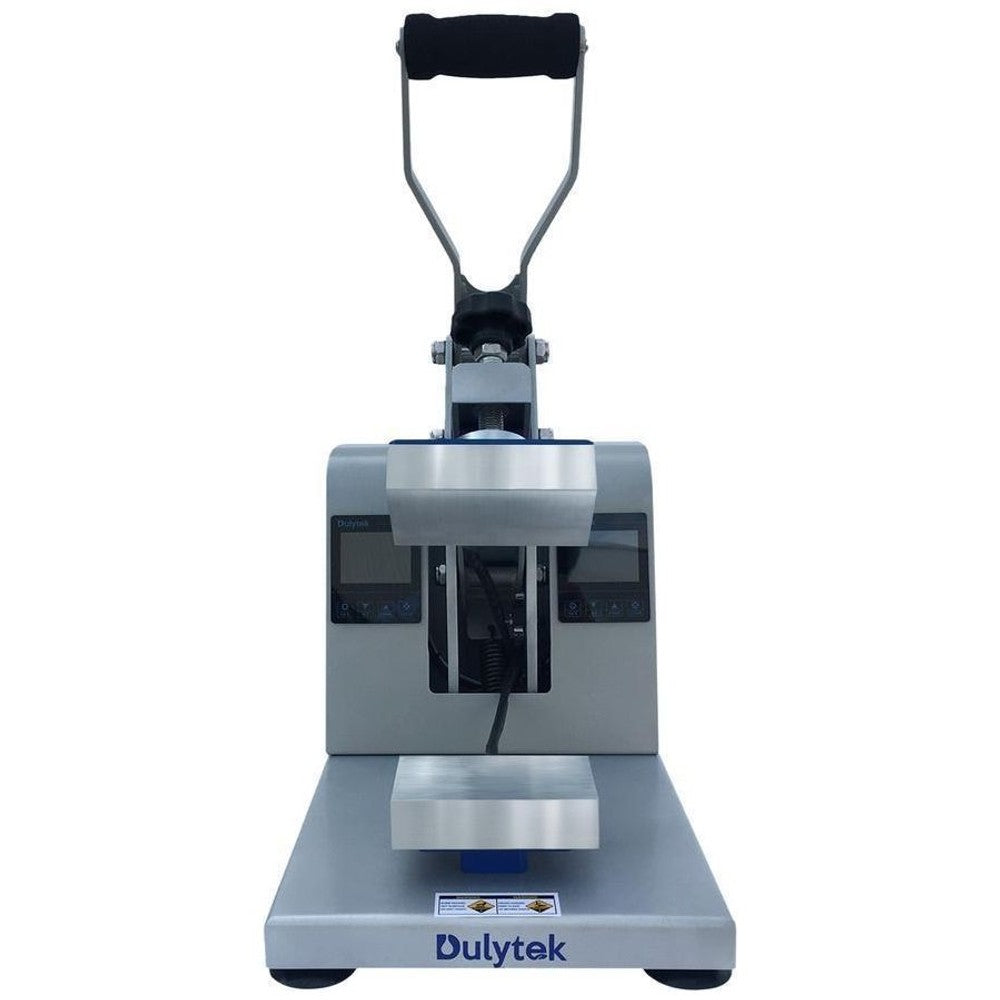 Silver Dulytek manual rosin press with black handle and digital displays.