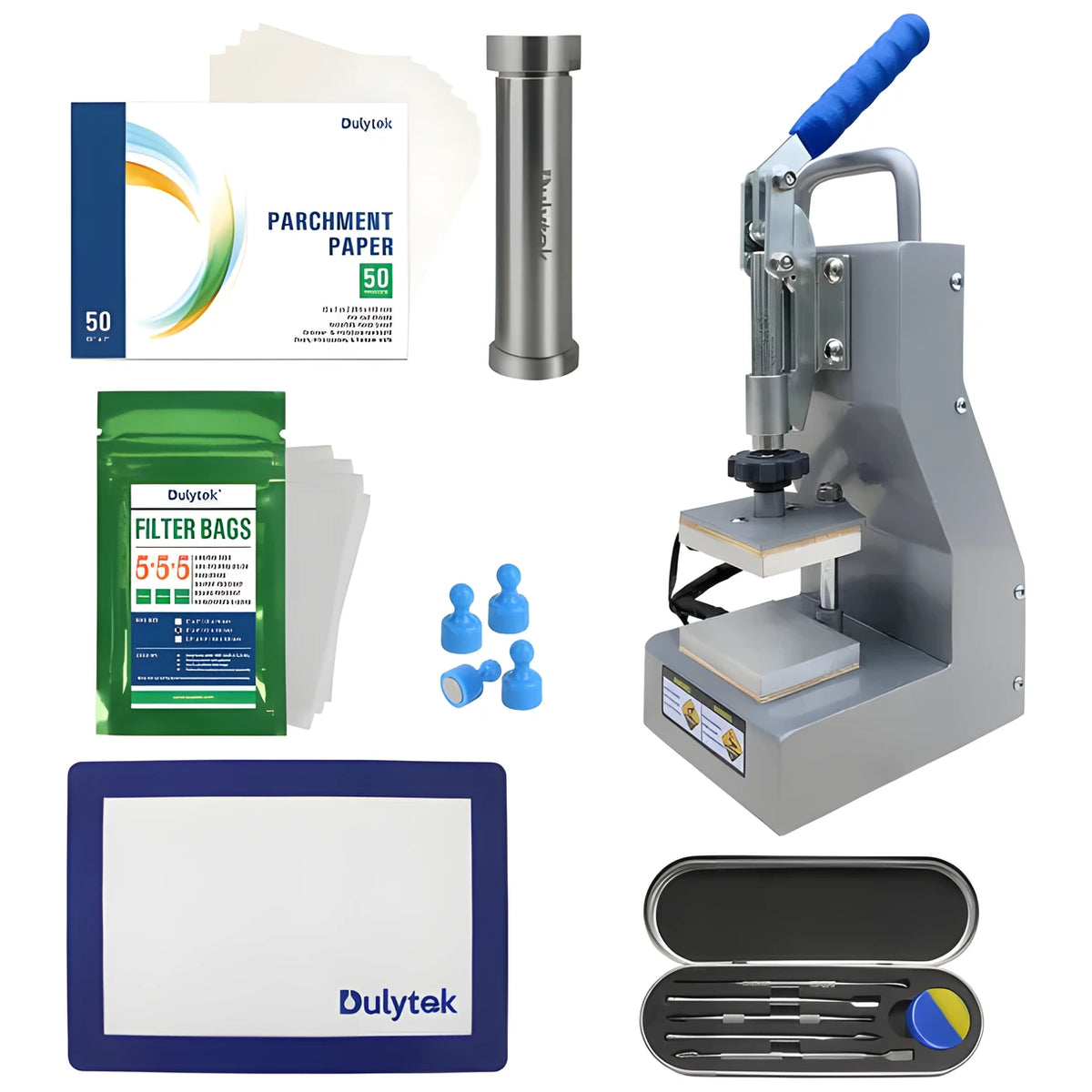 Dulytek DM800 manual rosin press bundle with tools, filter bags, parchment paper, and mat.