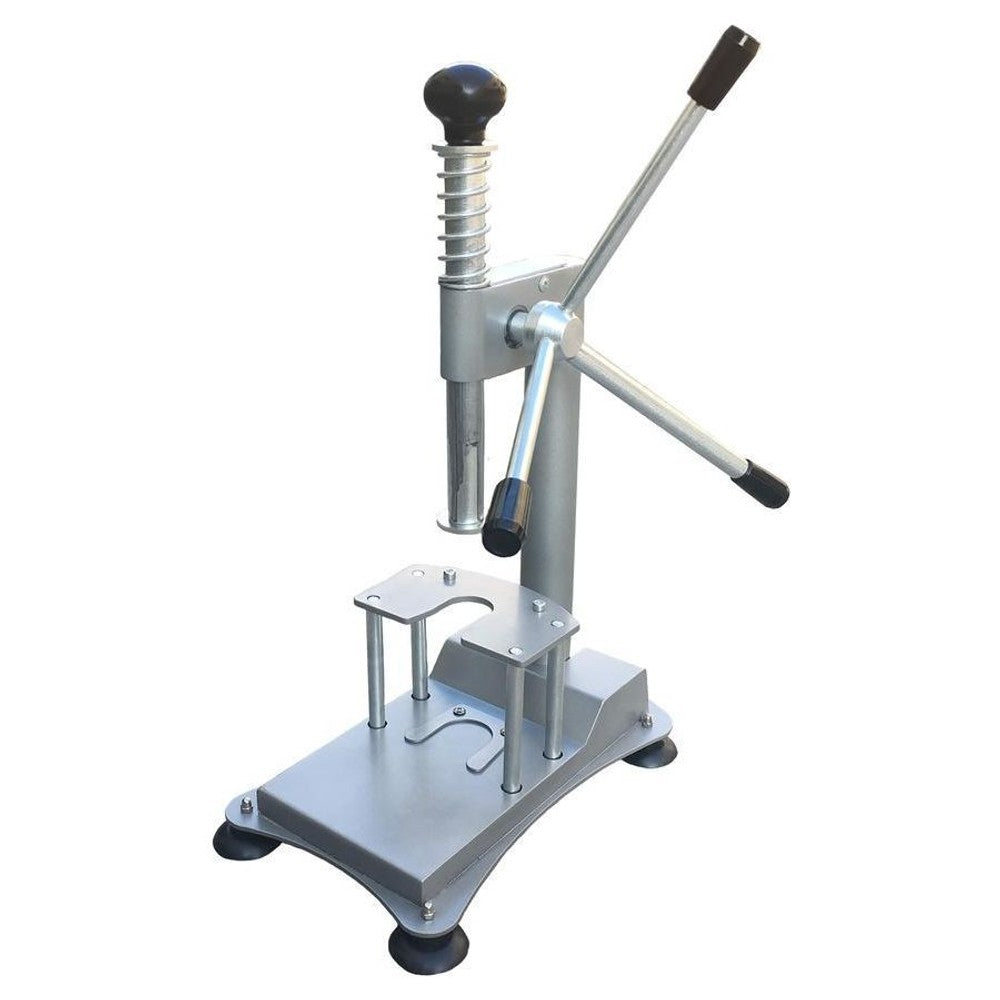 Silver pollen press with levers and a black knob on a white background.