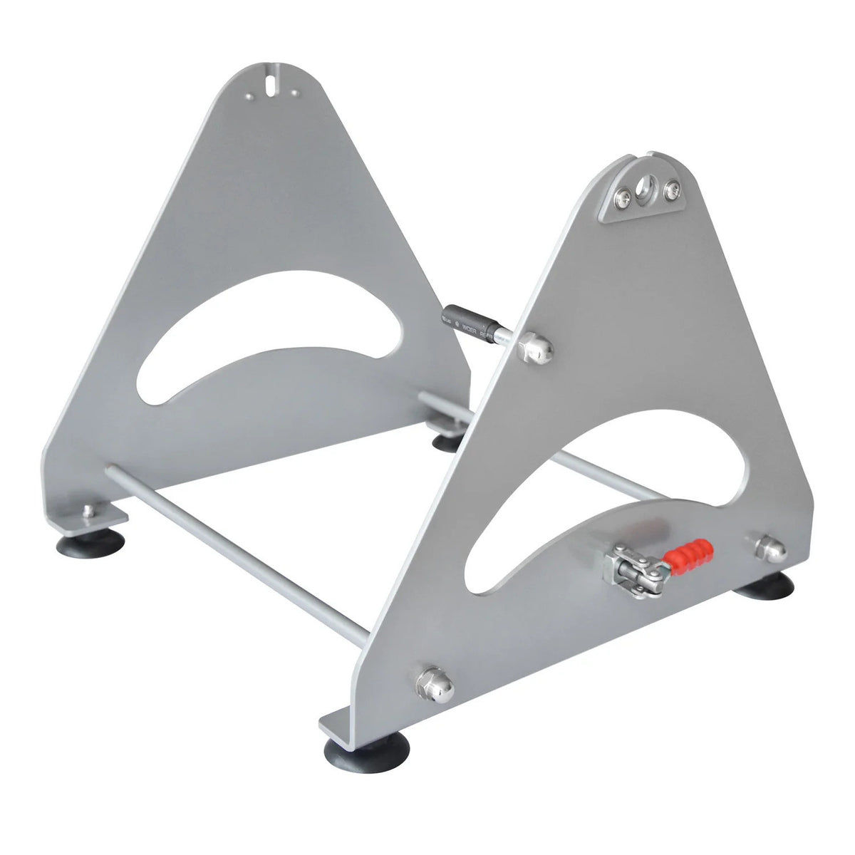 Dulytek DripTek rosin press mount stand, silver metal, triangular supports, with red lever clamp.