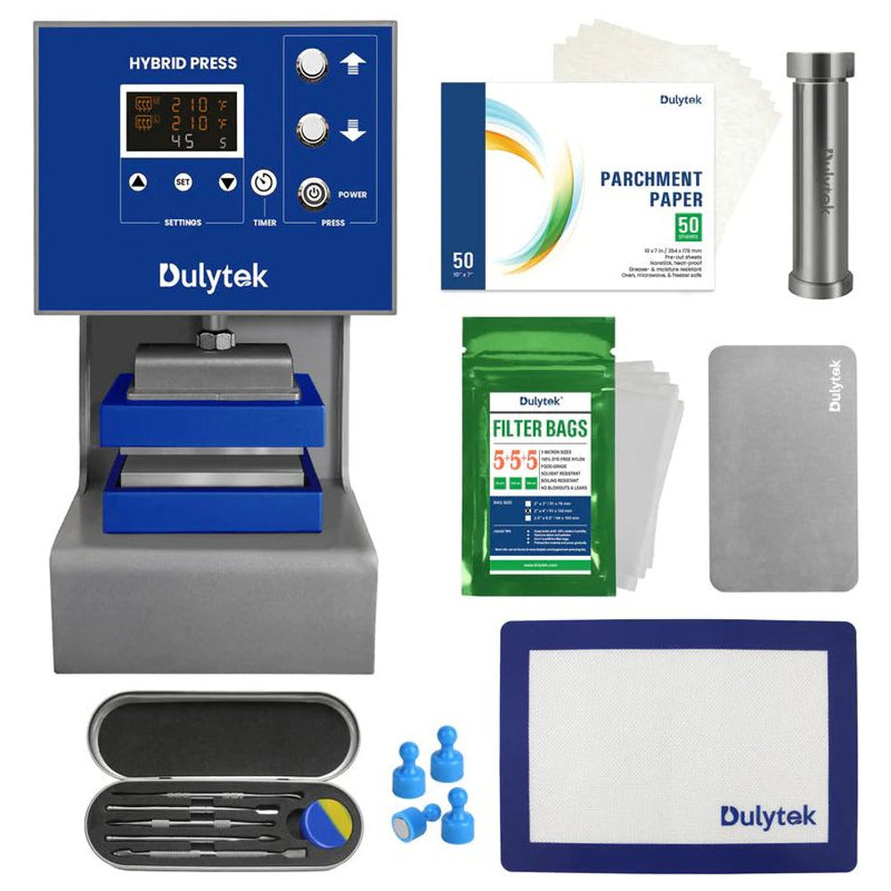 Dulytek 4-ton hybrid rosin heat press with accessories: parchment paper, filter bags, silicone mat.
