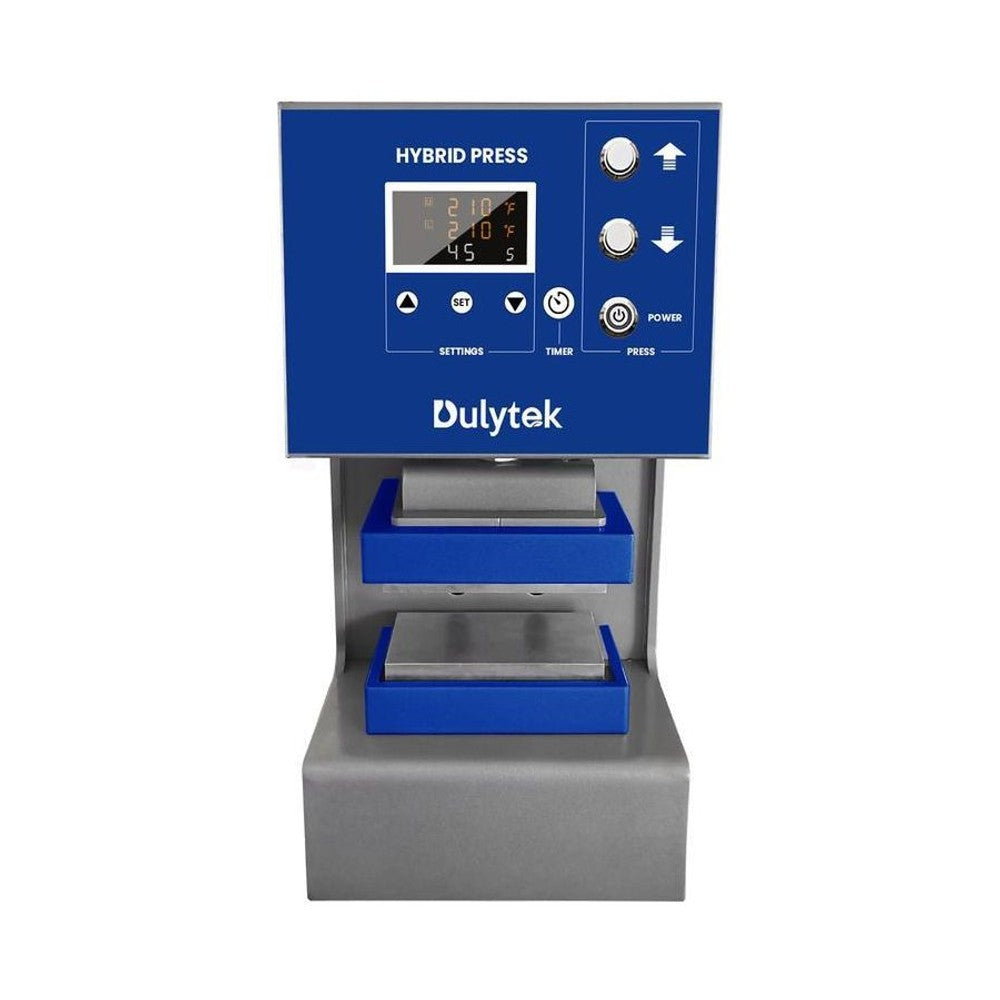 A Dulytek 4-ton hybrid rosin press with a digital display and controls.