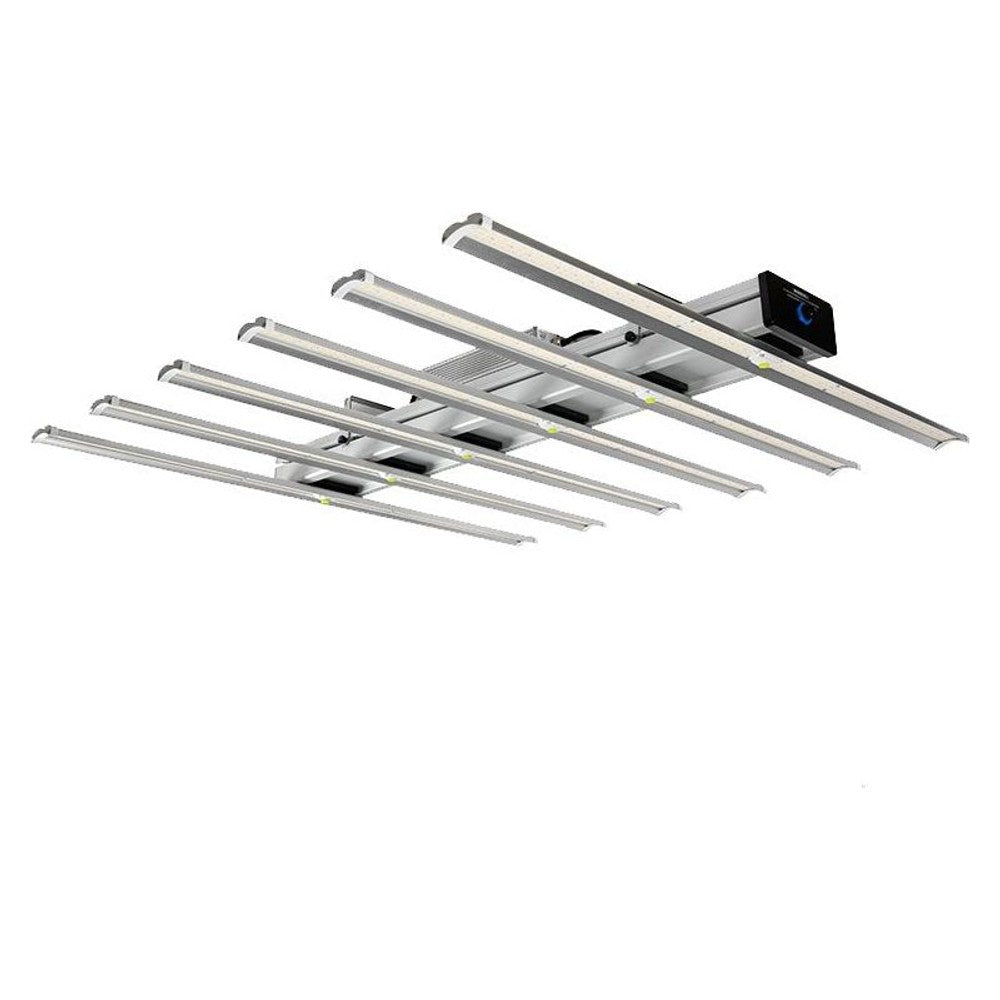 Full-spectrum LED grow light with six bars and a black control box, ideal for indoor plant cultivation.