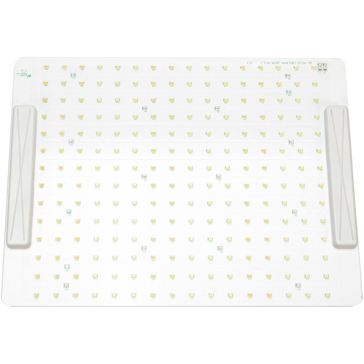 White LED grow light panel with visible grid of 225 LEDs, and subtle text markings.