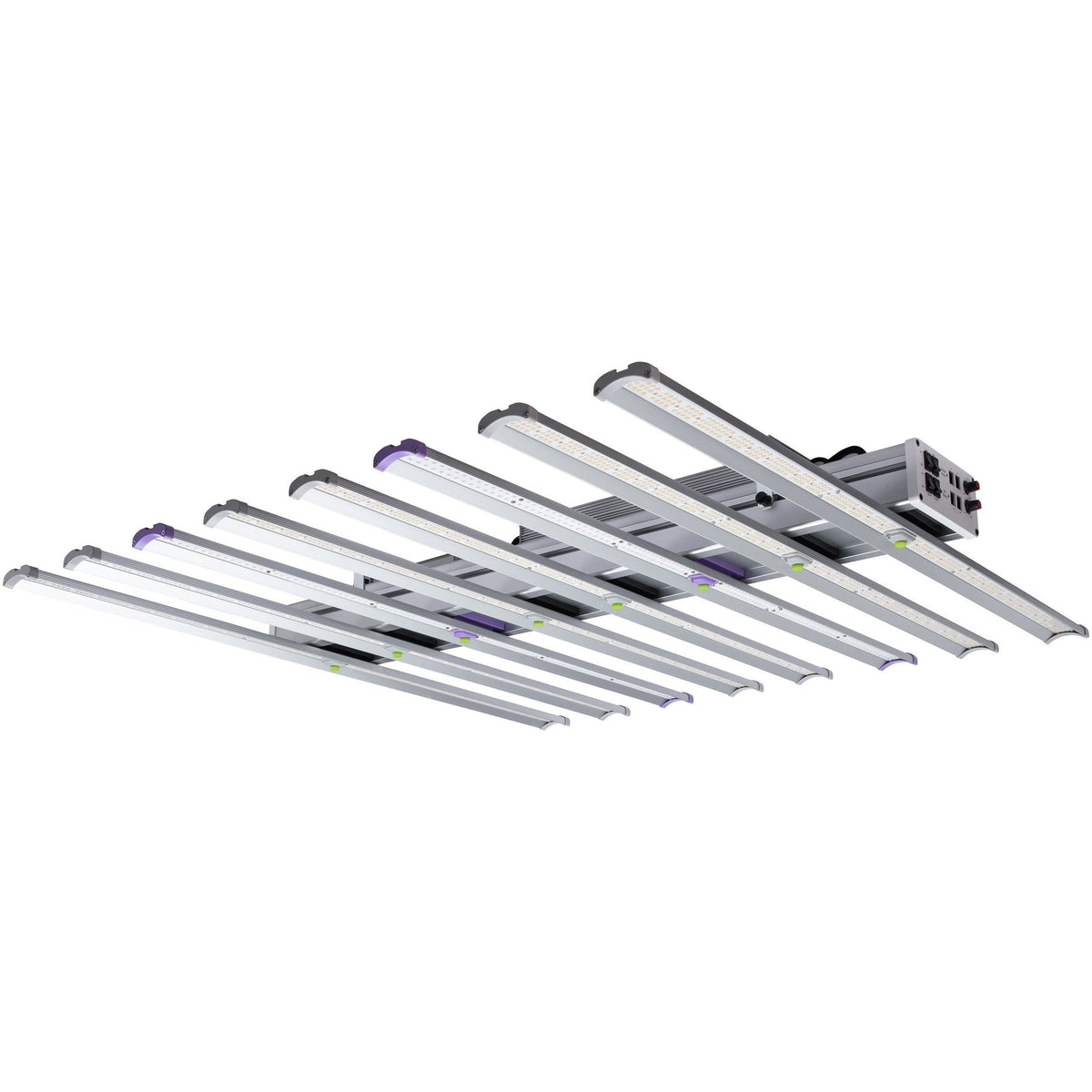 Silver LED grow light with multiple bars and a control box with knobs and switches.