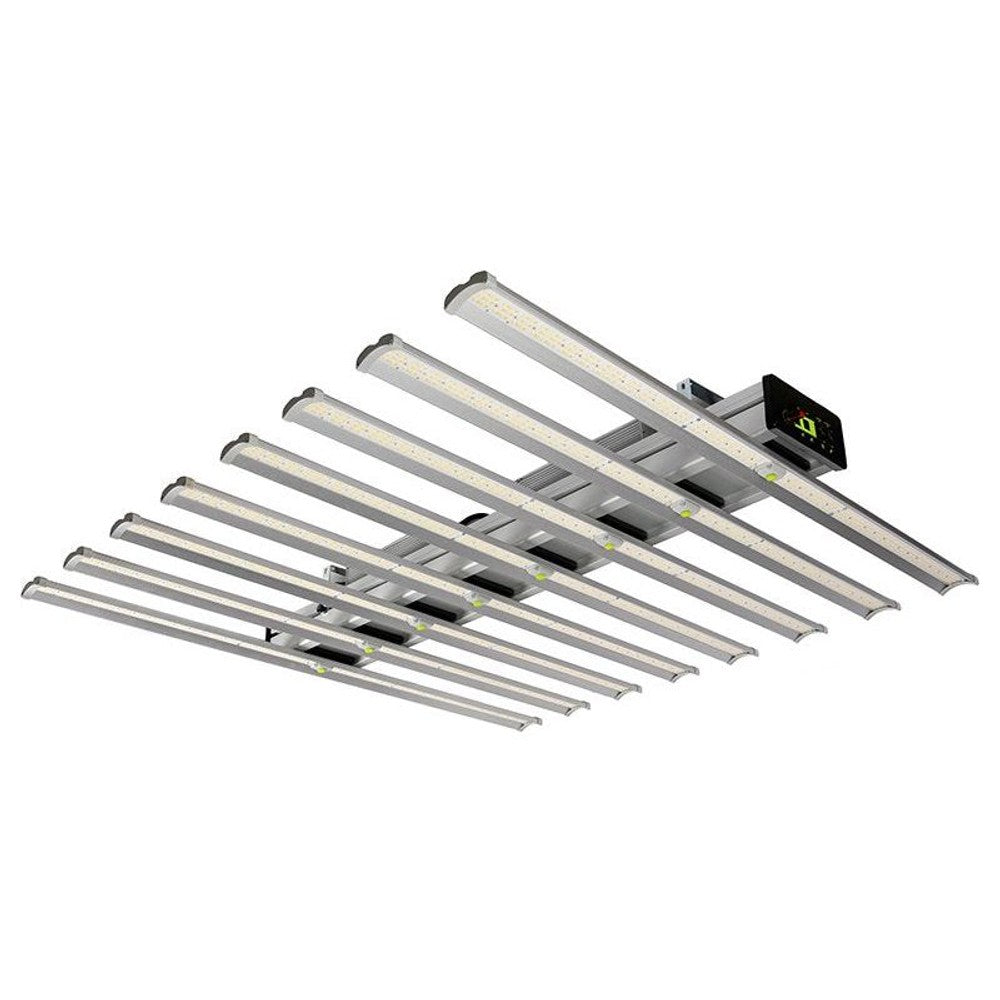 Eight-bar LED grow light with full spectrum lighting and digital control panel, white background.