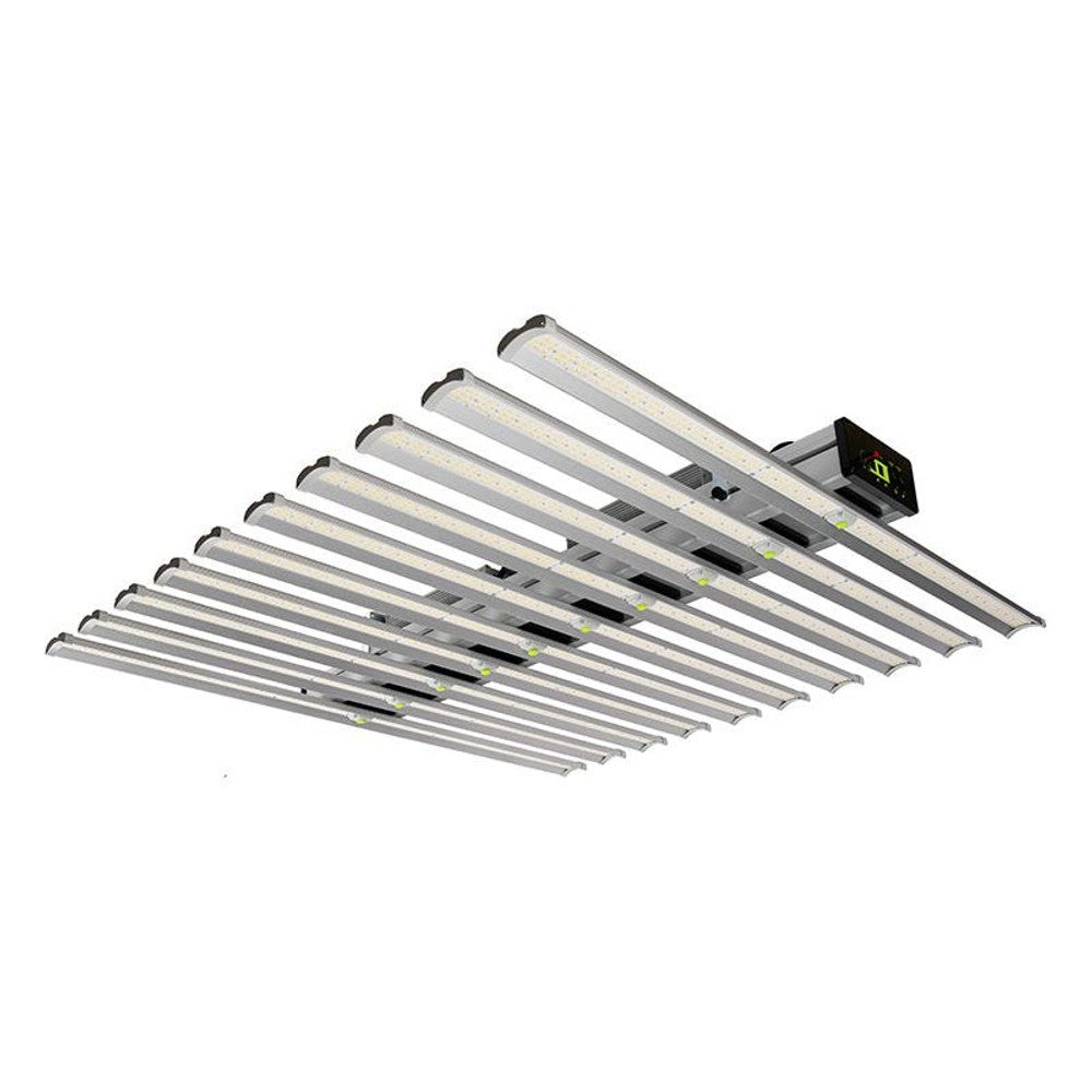 Full spectrum LED grow light with multiple bars and digital control box.