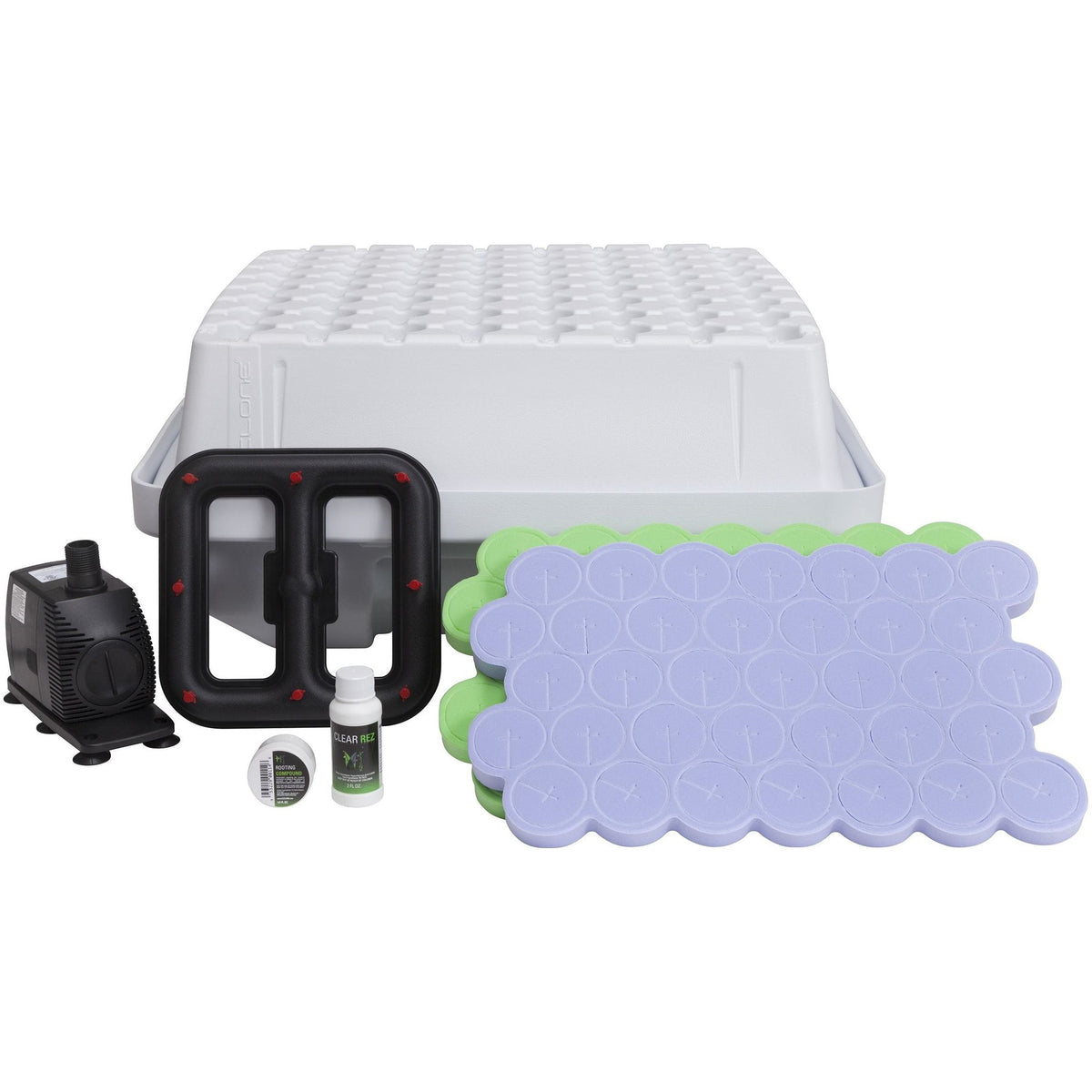 EZ-Clone 64 Low-Pro cloning system with pump, net pots, rooting compound, and spray.