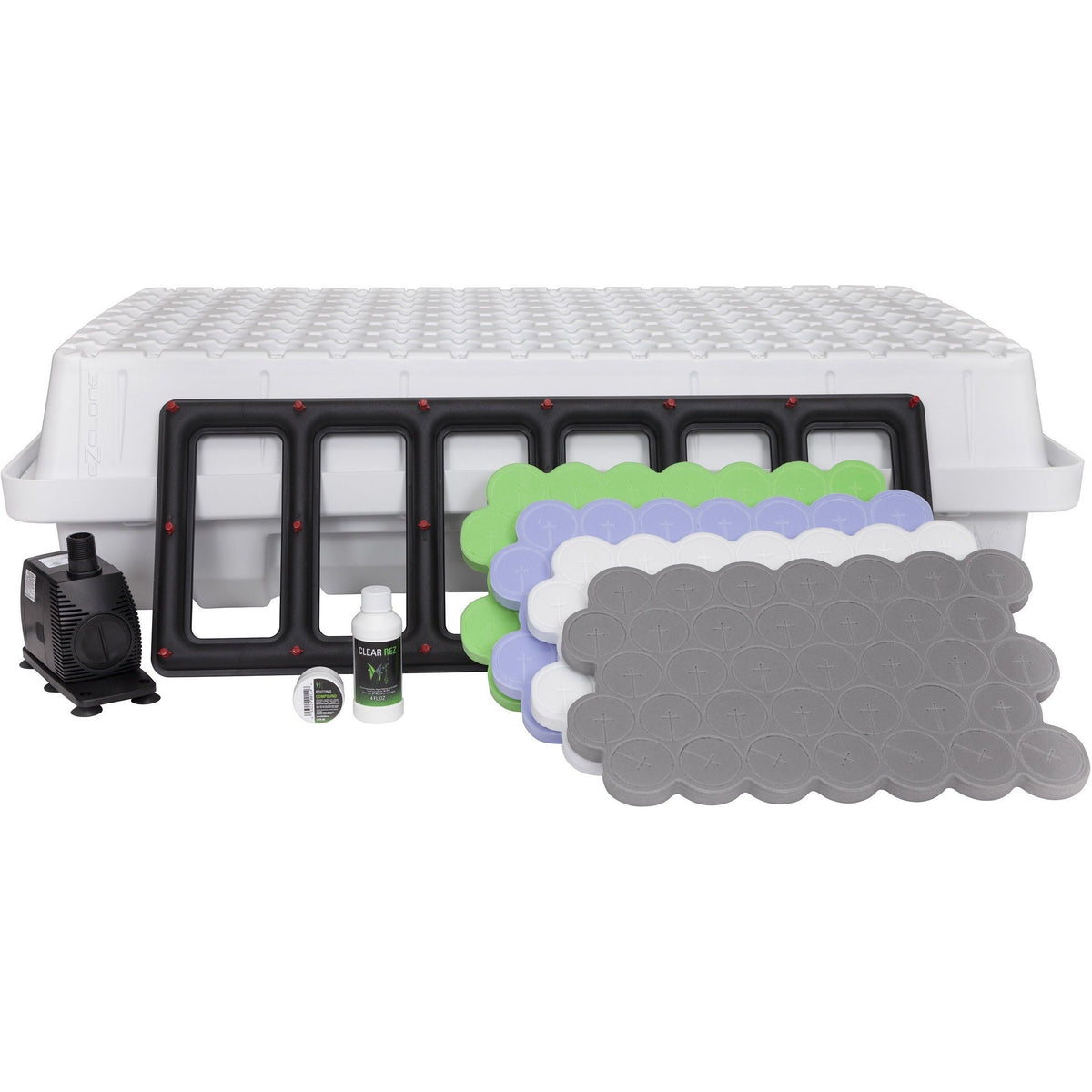 White EZ-Clone 128 Low-Pro Cloning System with pump, rooting compound, and multiple colored inserts.