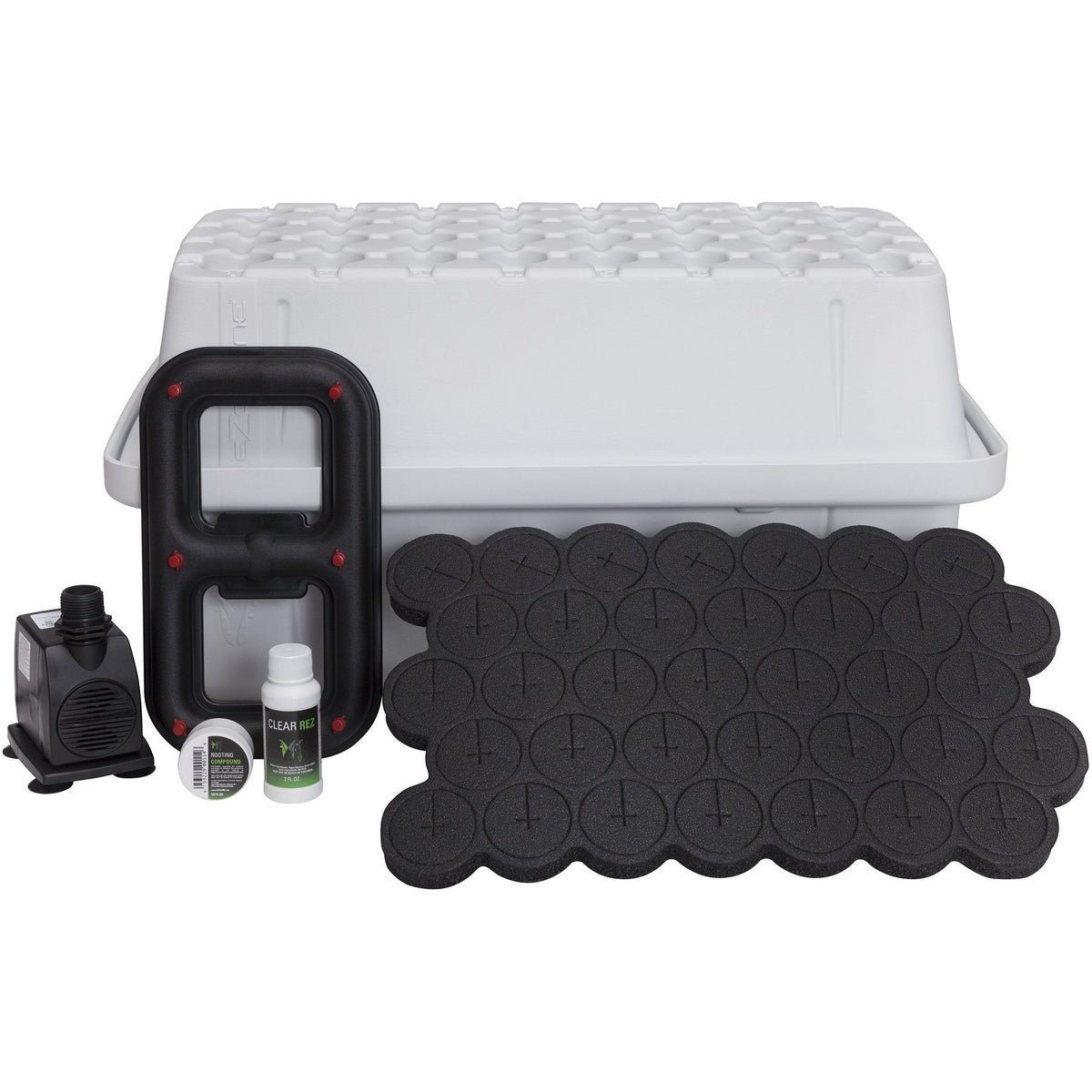 White EZ-Clone low-pro cloning system with pump, rooting compound, and net pots.