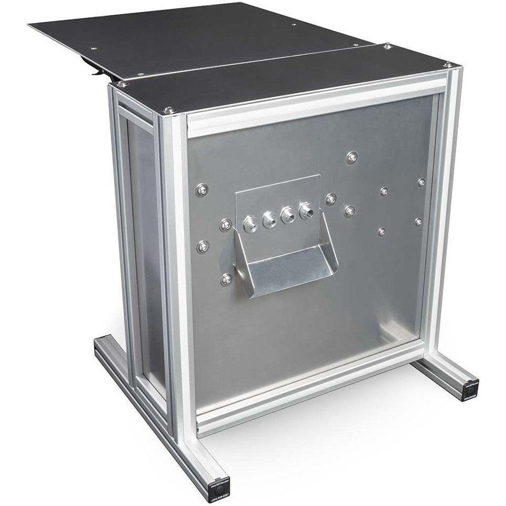 Hemp debucking machine with silver panel and aluminum frame, with a black top.