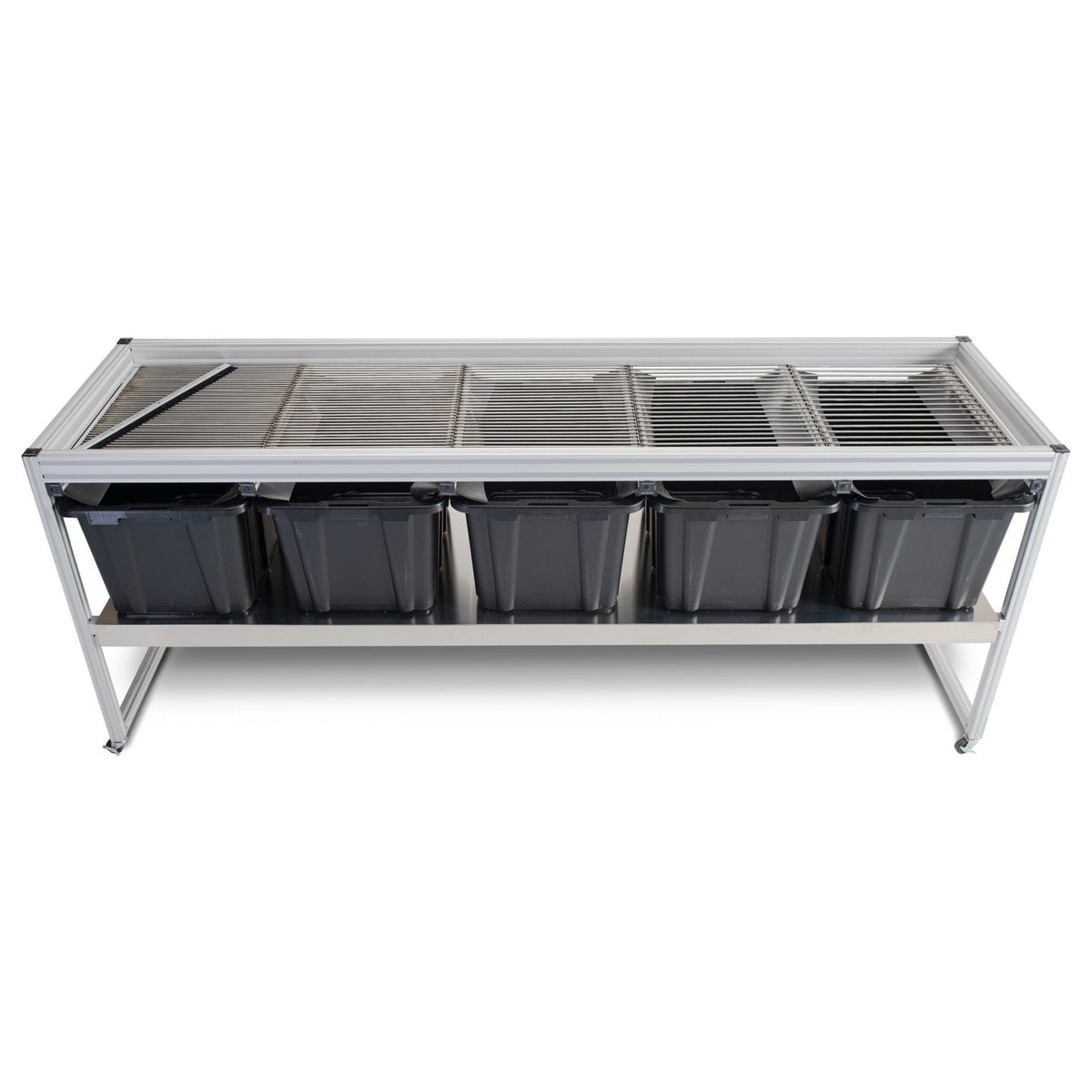 Silver aluminum frame with a slatted top holding five black bins, white background.