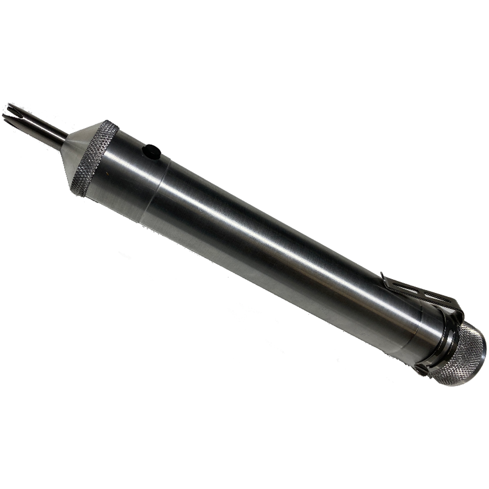 Stainless steel automatic trimmer pen with knurled grip and fork-like tip.