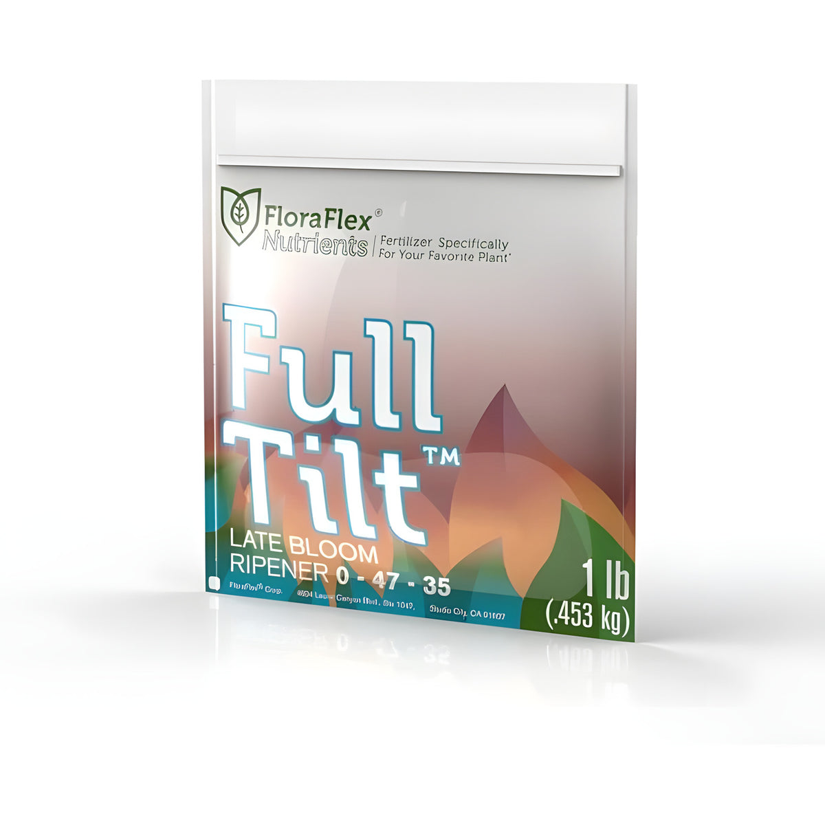 FloraFlex Full Tilt 1lb fertilizer bag with "Late Bloom Ripener 0-47-35" on the front.
