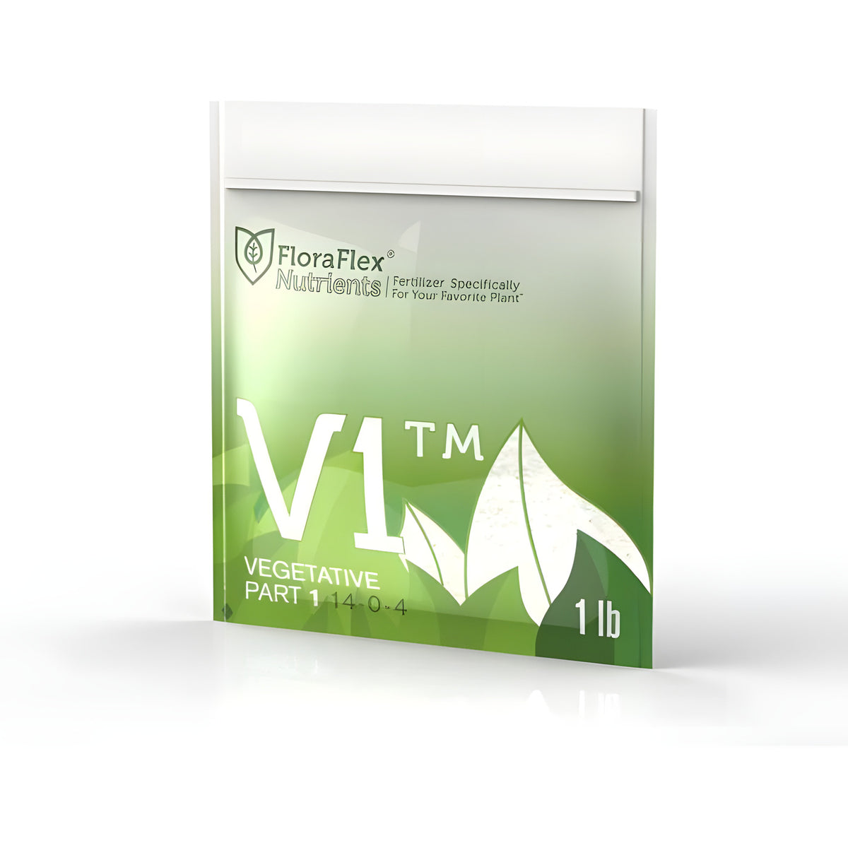 Floraflex V1 nutrient solution fertilizer bag, 1 lb, green gradient with white leaves.