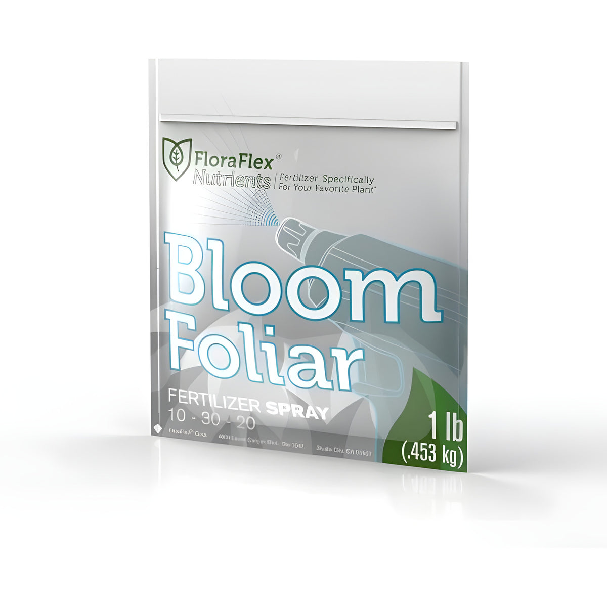 FloraFlex Bloom Foliar Spray 1lb fertilizer, 10-30-20, in a white and green bag.