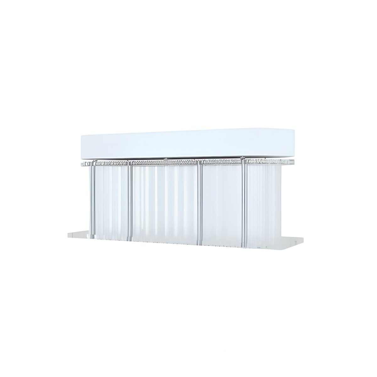 A white, oblong bar with vertical, transparent ribbed tubes below, on a clear base.