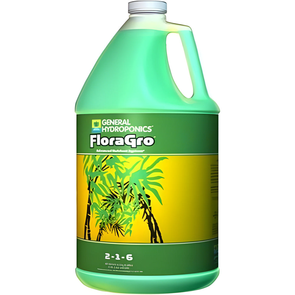 General Hydroponics FloraGro 1 gallon jug, a liquid nutrient solution with palm tree graphics.
