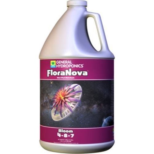 General Hydroponics FloraNova Bloom 4-8-7 fertilizer with a nebula image.