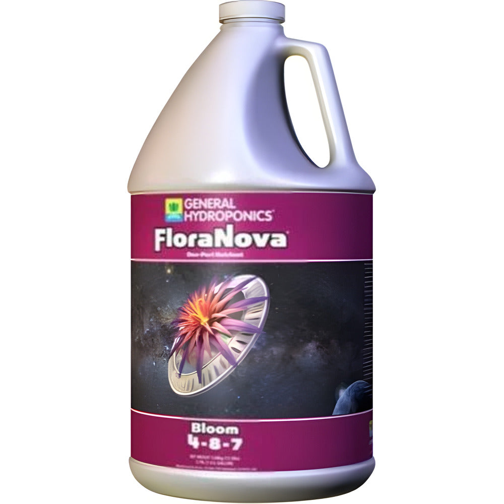 General Hydroponics FloraNova Bloom 4-8-7 fertilizer with a nebula image.