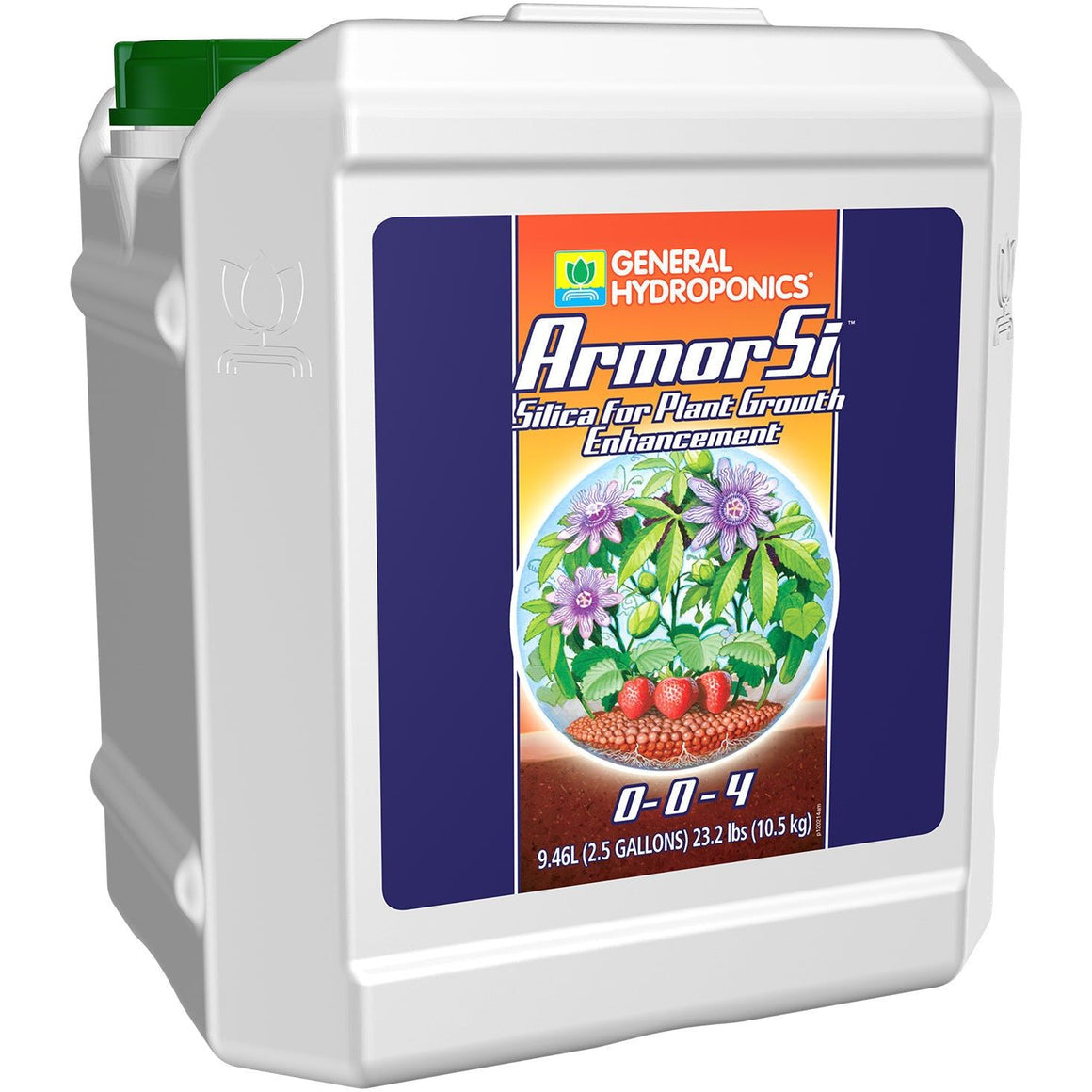 General Hydroponics Armor Si nutrient jug, 2.5 gallons, with a label showing flowers, strawberries, and NPK 0-0-4.