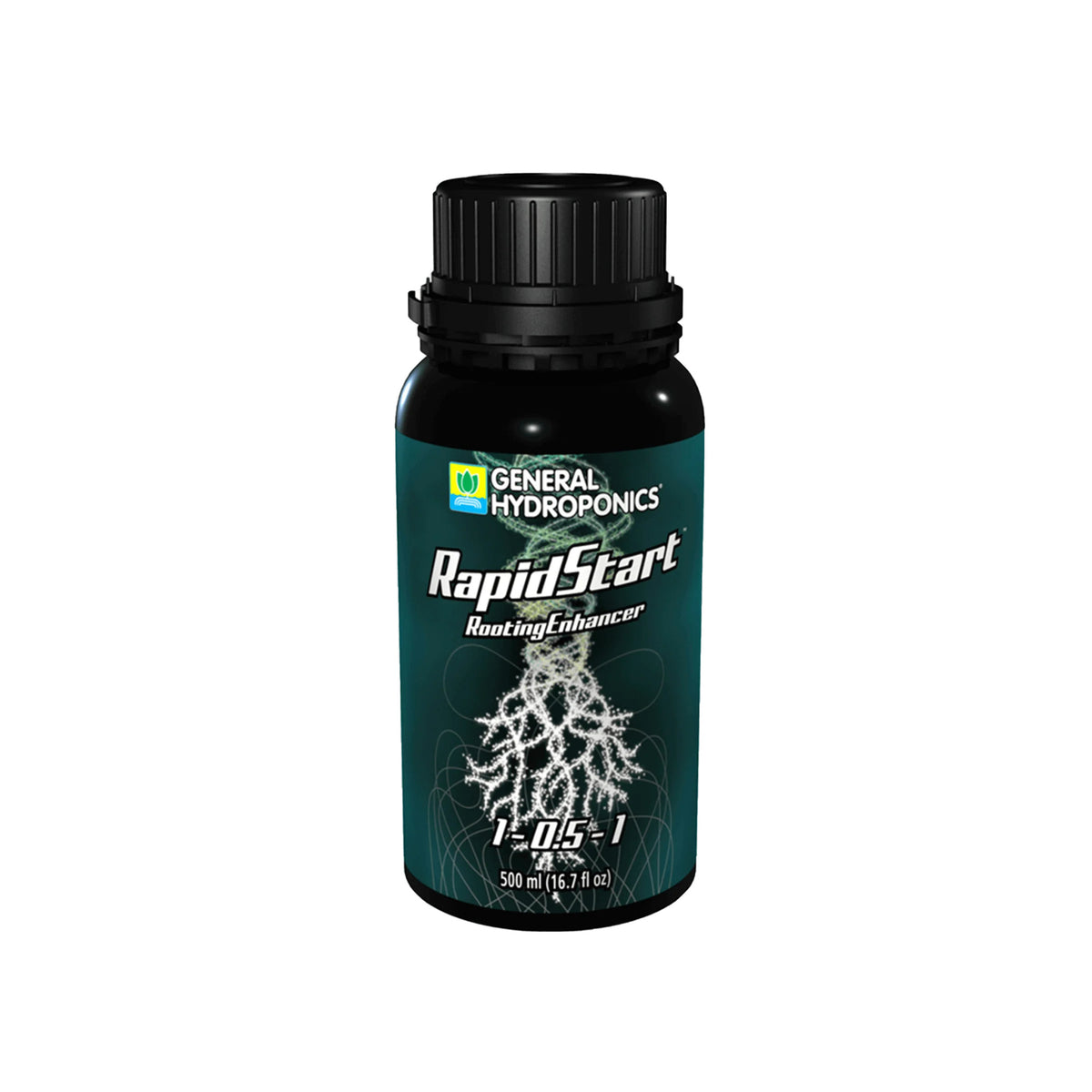 General Hydroponics RapidStart rooting enhancer bottle with root graphic, 500ml.
