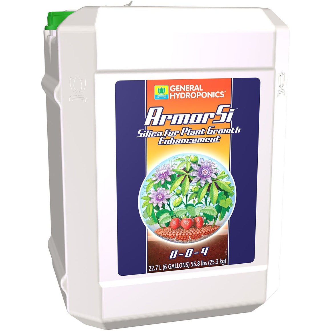 General Hydroponics Armor Si 6-gallon nutrient jug, featuring plant and fruit illustration.