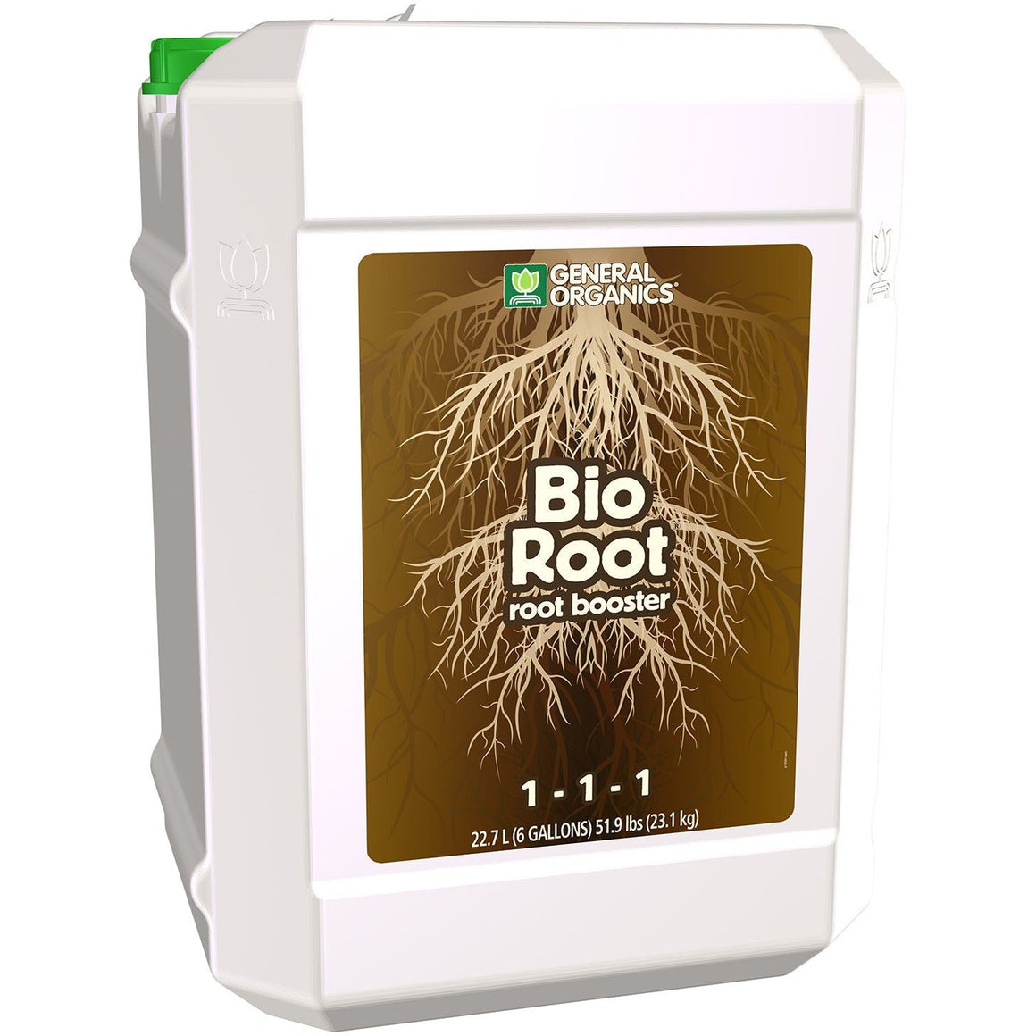General Organics Bio Root root booster nutrient solution in a 6-gallon jug.