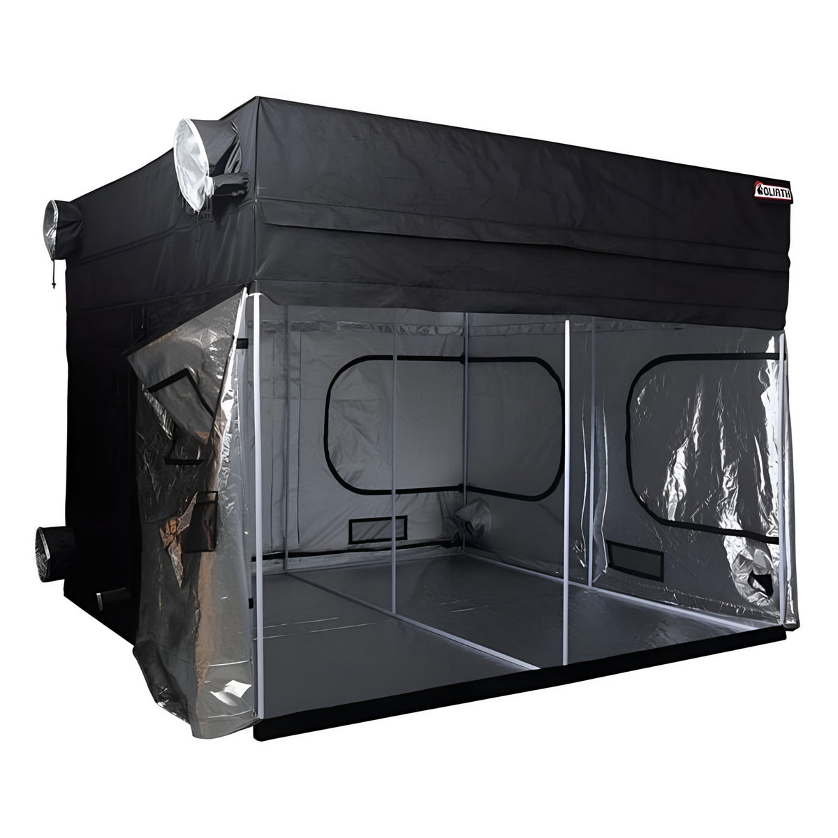 Goliath 10x10x6.11 hydroponic grow tent with silver interior, clear view windows, and ventilation ports.
