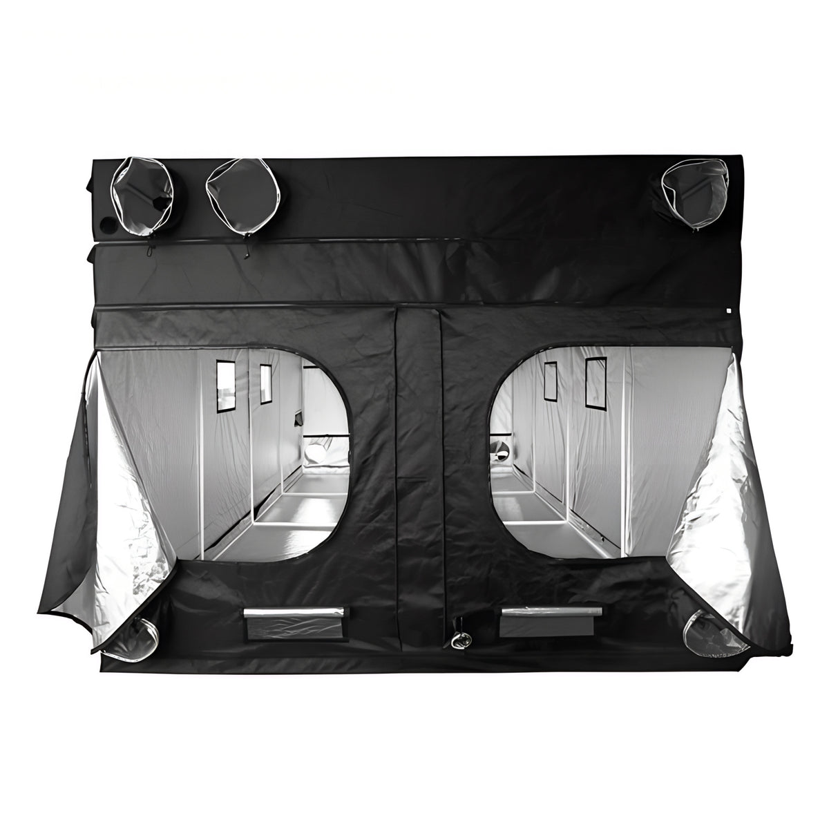 Black grow tent with two sections, silver interior, and clear vents.