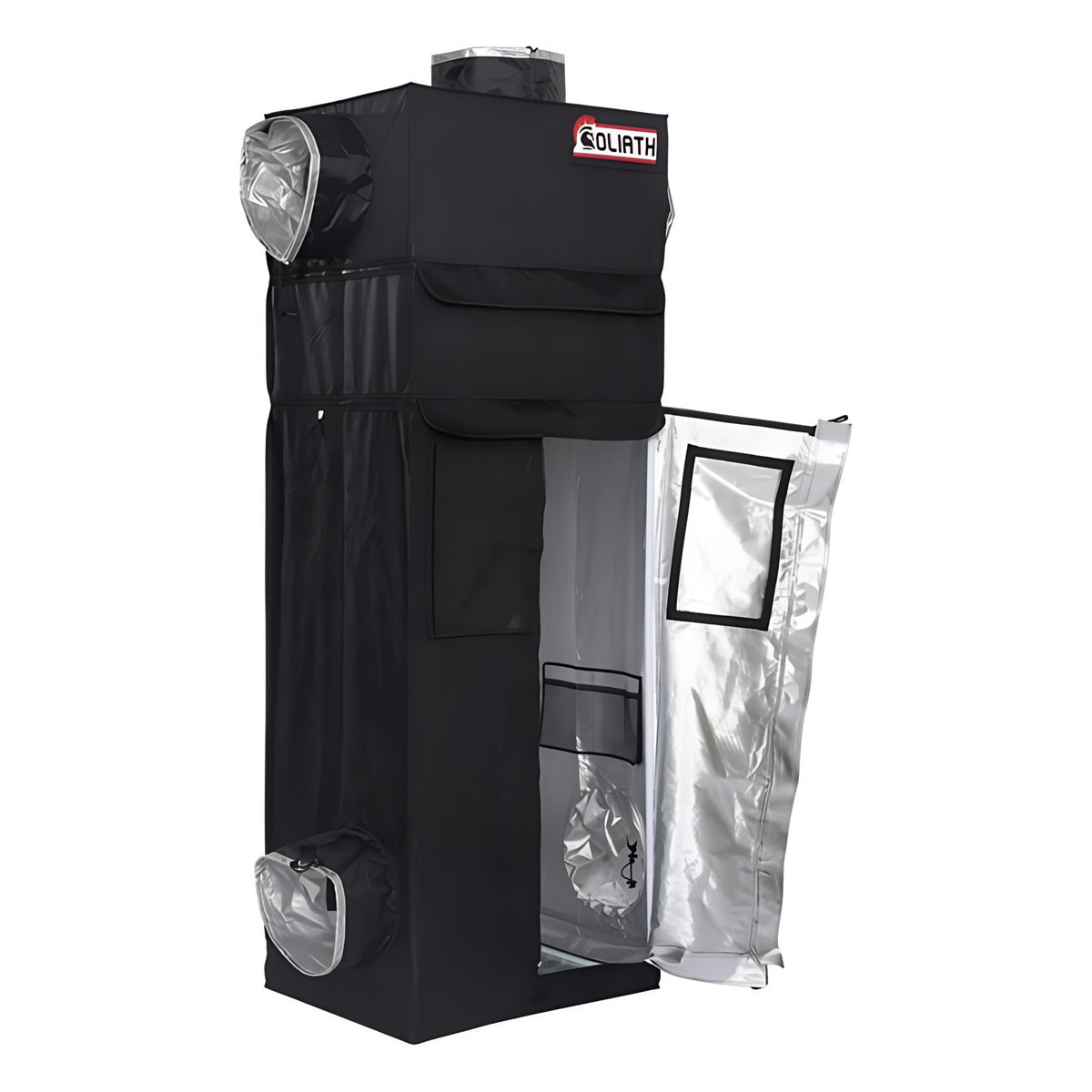 Black Goliath grow tent with reflective interior and clear ventilation ports.
