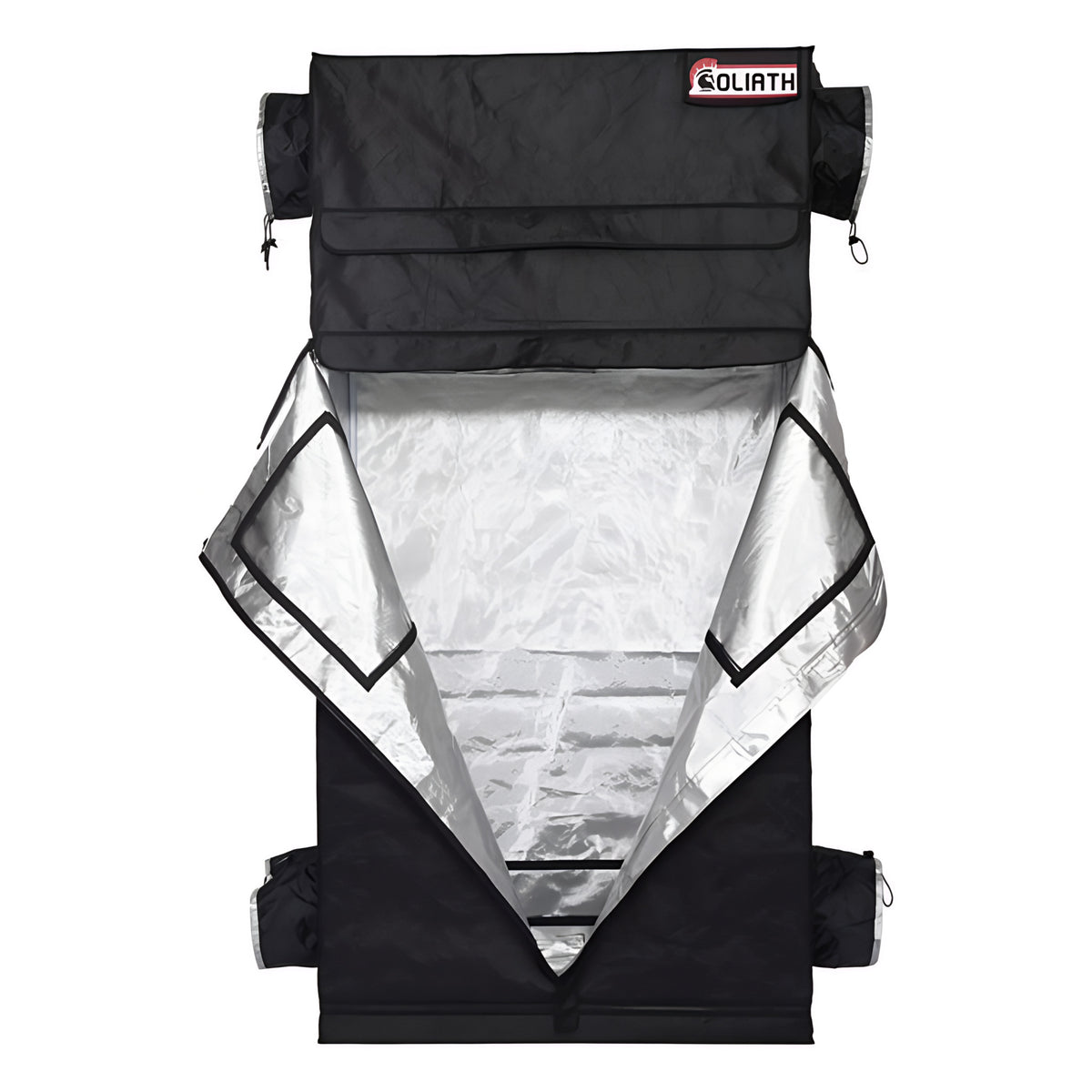 Black Goliath grow tent with open front and silver reflective interior.