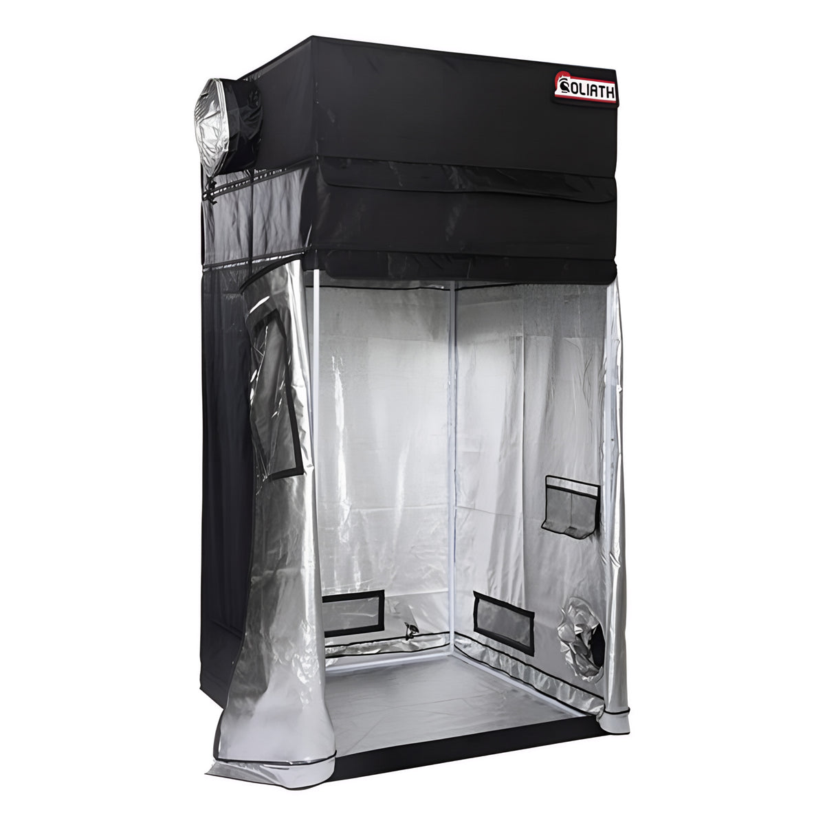 Black Goliath grow tent with reflective interior, open front, and ventilation ports.