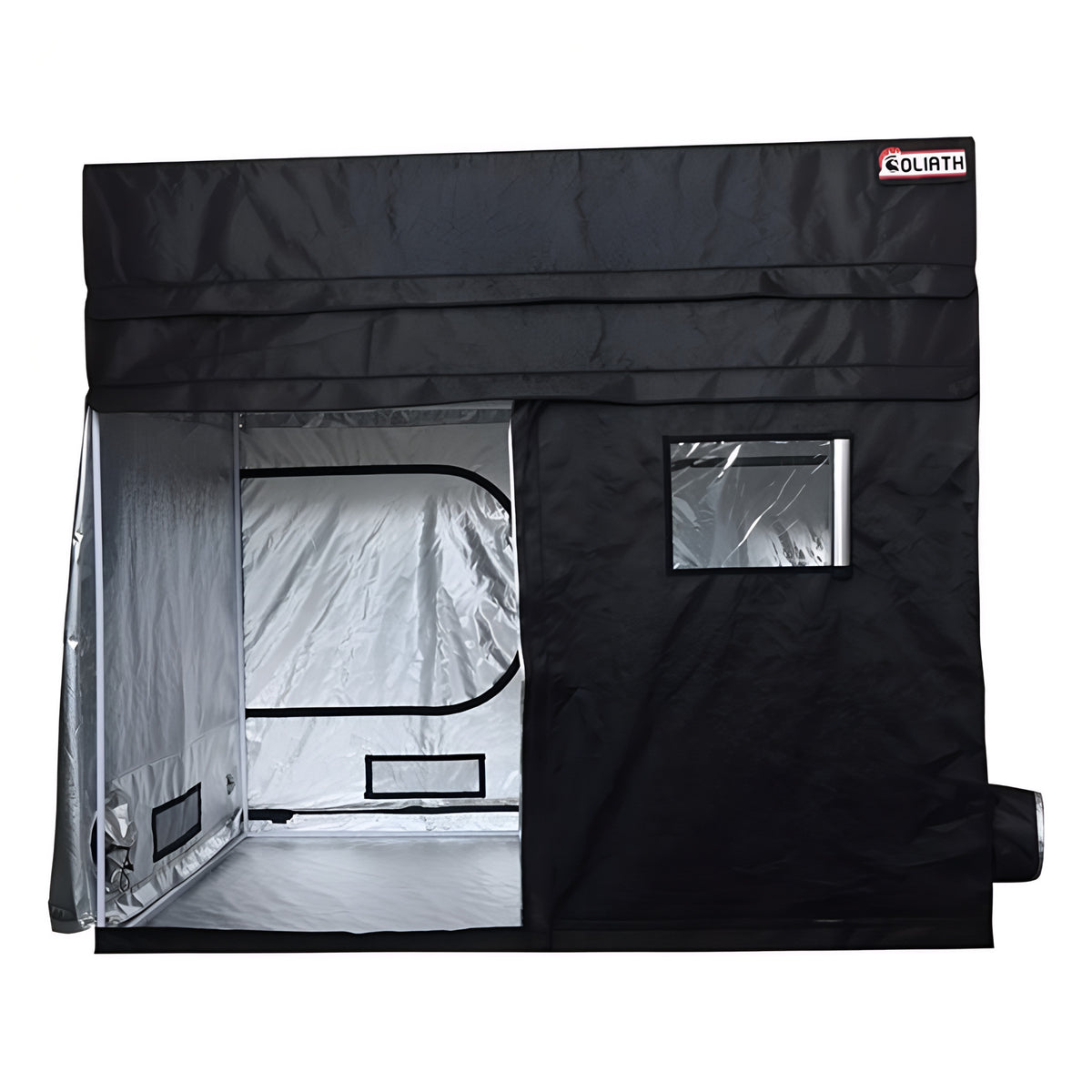 Black Goliath grow tent with reflective interior, open door and viewing window.