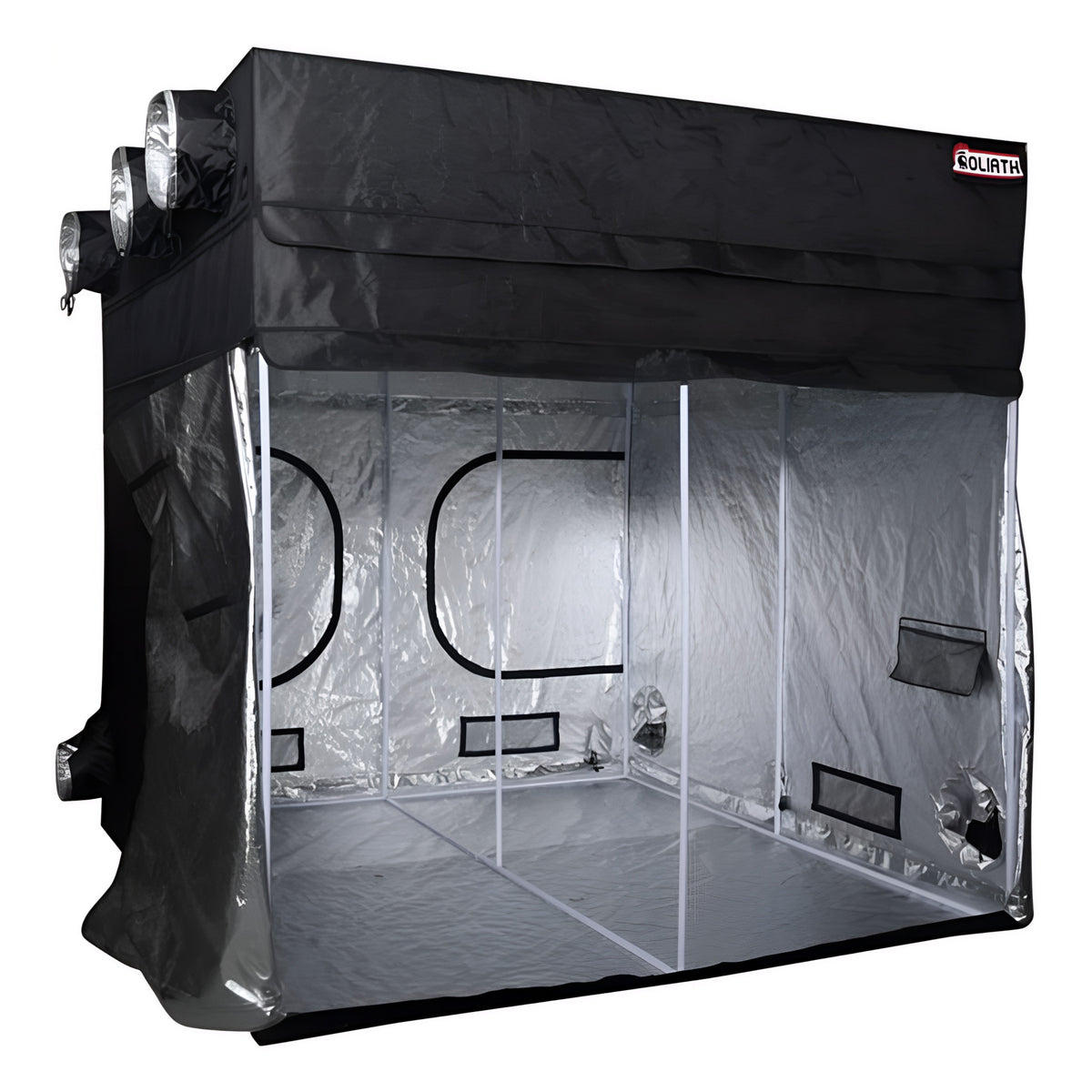 Black Goliath grow tent with reflective interior and multiple vents.