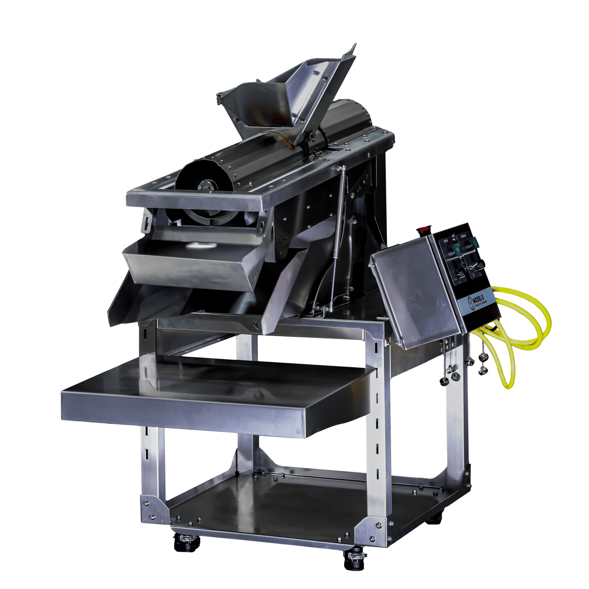 Stainless steel commercial pre-roll grinder with multiple chutes and a control panel.