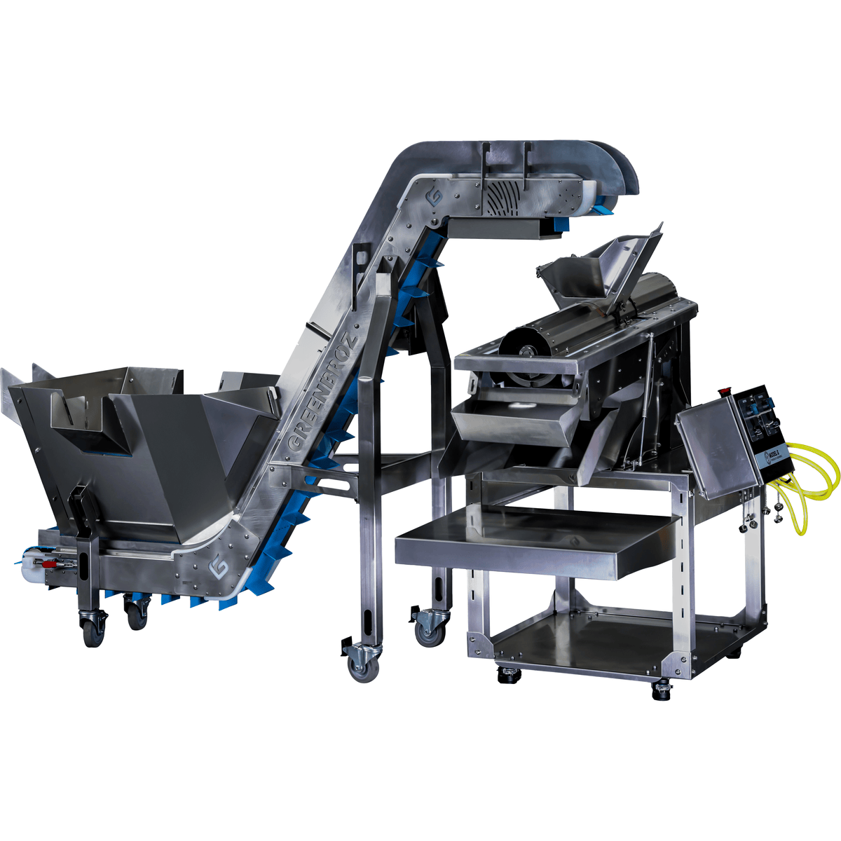Stainless steel conveyor system with dual hoppers and integrated grinder, on wheels.