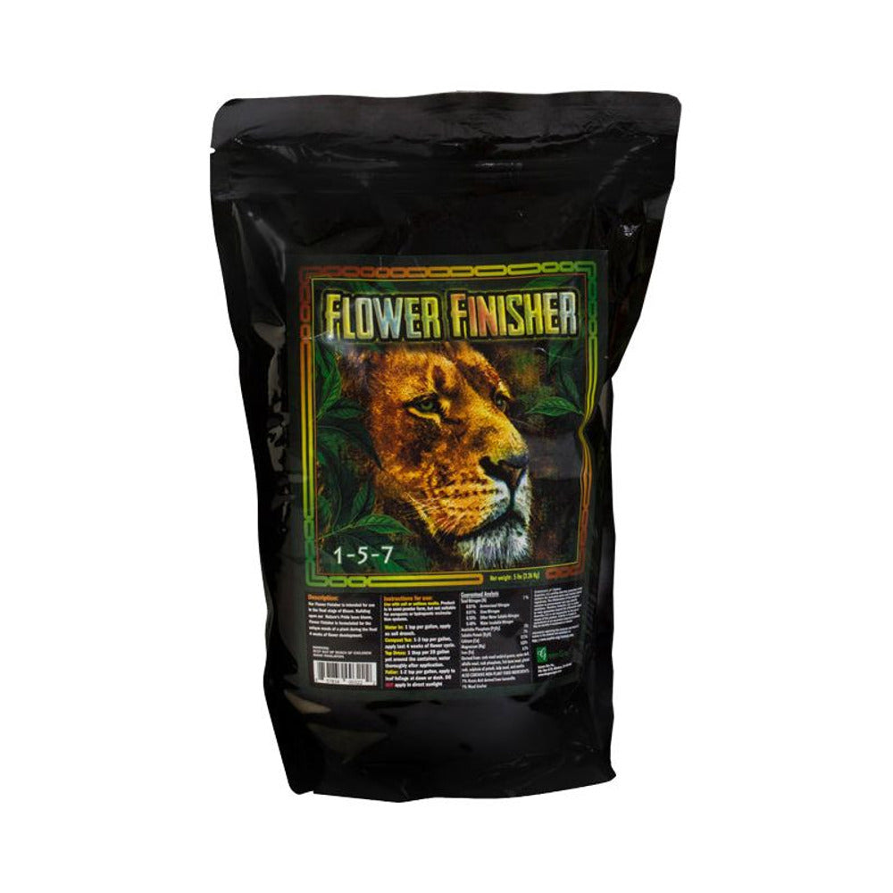 Black bag of "Flower Finisher" fertilizer with a lion's face and "1-5-7" on the front.