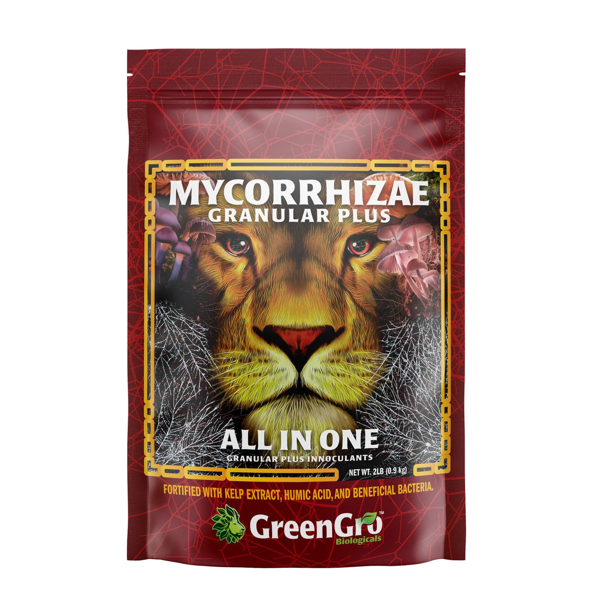 Black bag of GreenGro Granular Plus Mycorrhizae, featuring a lion's face and text.