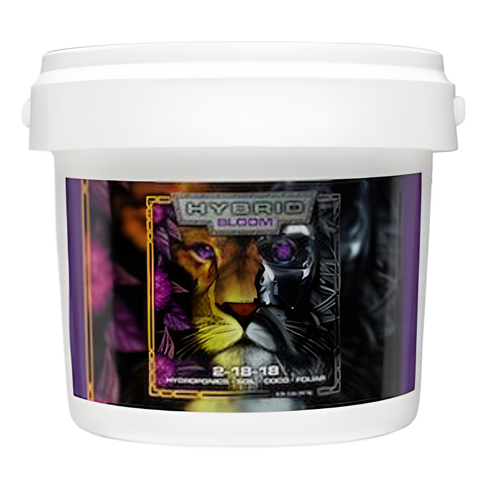 White bucket with purple and gold label: "Hybrid Bloom" fertilizer for hydroponics, soil, coco, or foliar feeding.